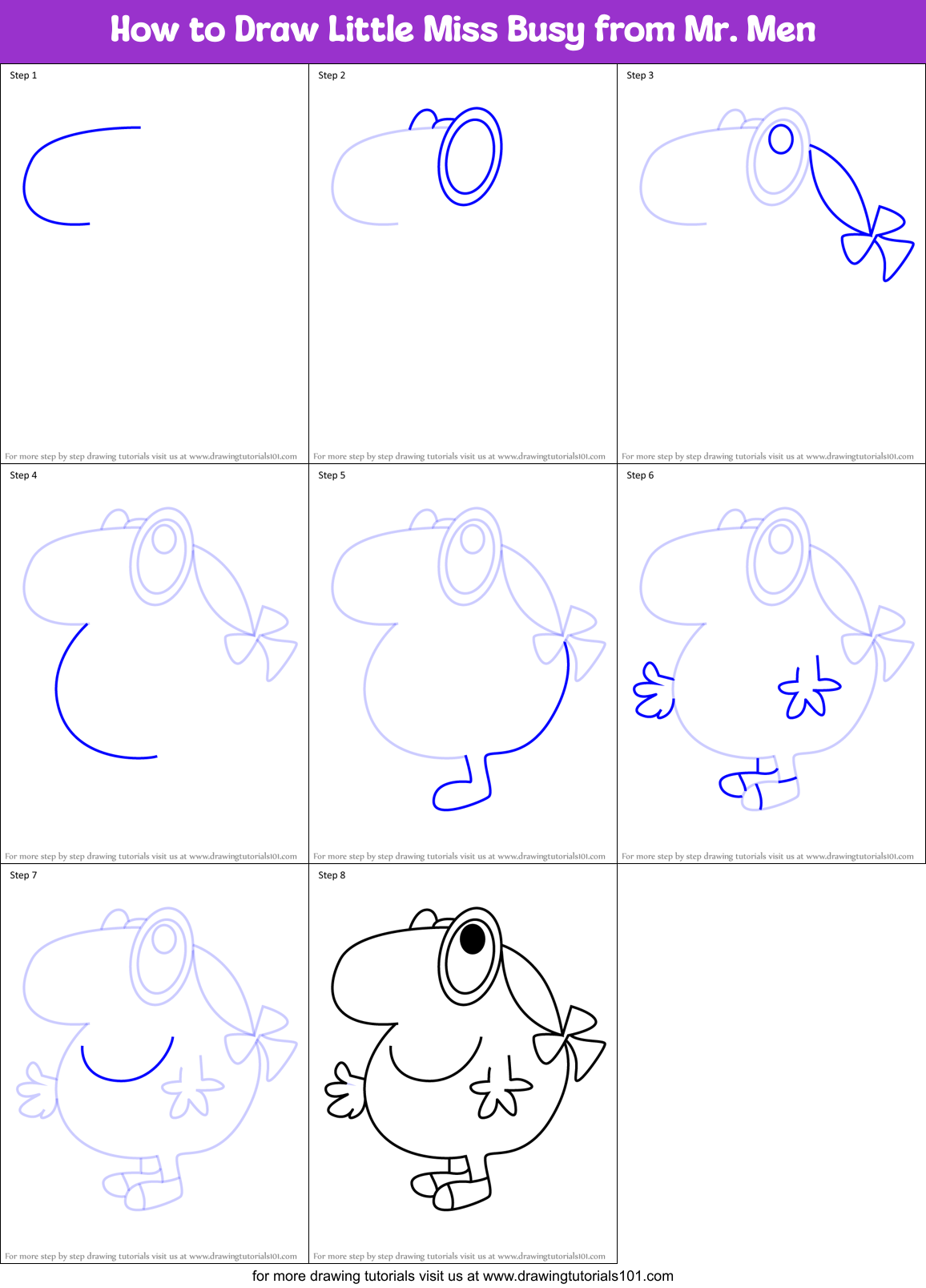 How to Draw Little Miss Busy from Mr. Men Printable Step by Step