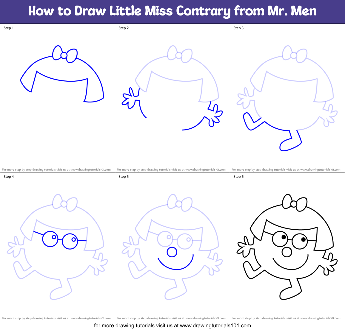 How to Draw Little Miss Contrary from Mr. Men Printable Step by Step
