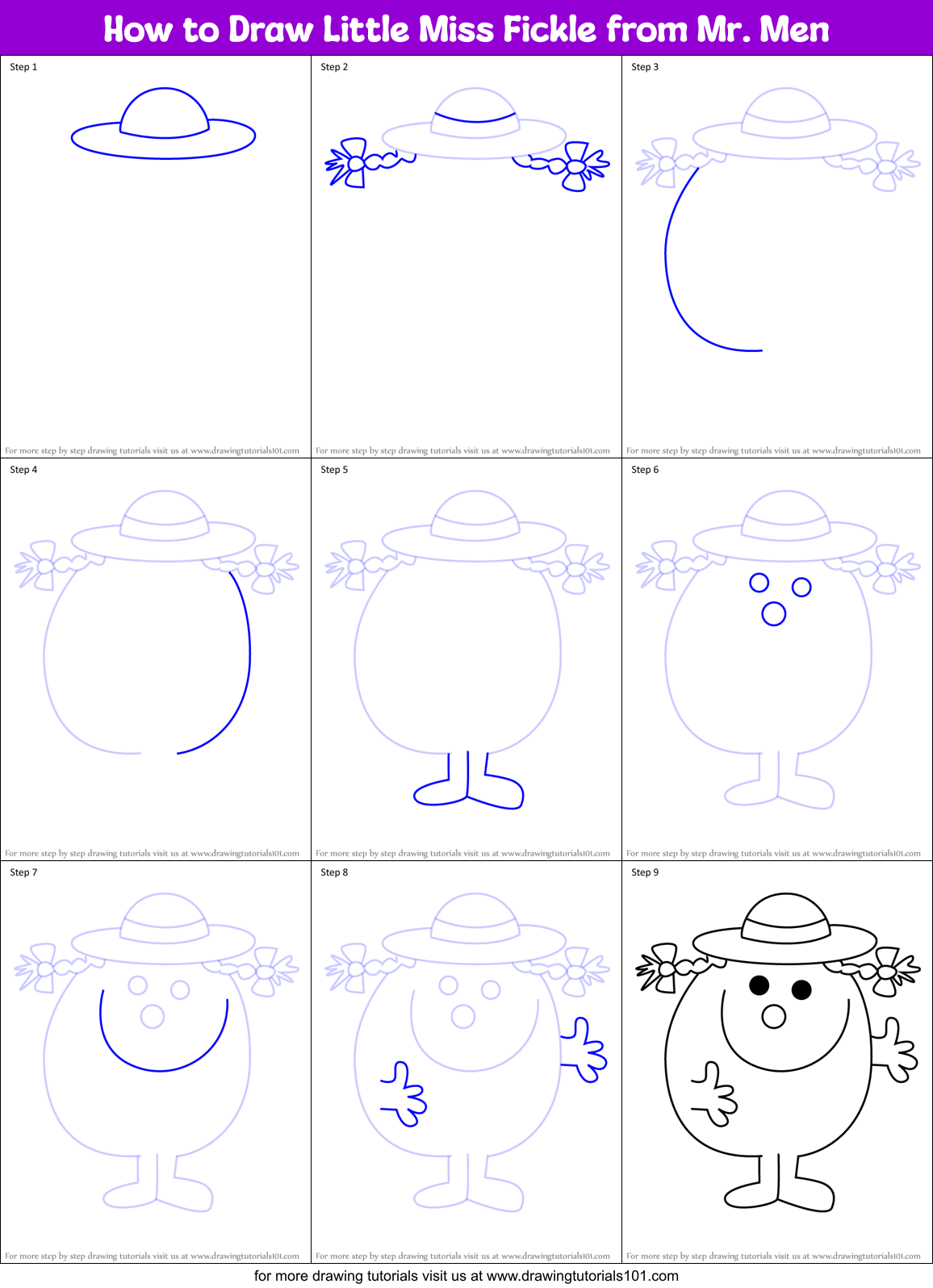How to Draw Little Miss Fickle from Mr. Men Printable Step by Step