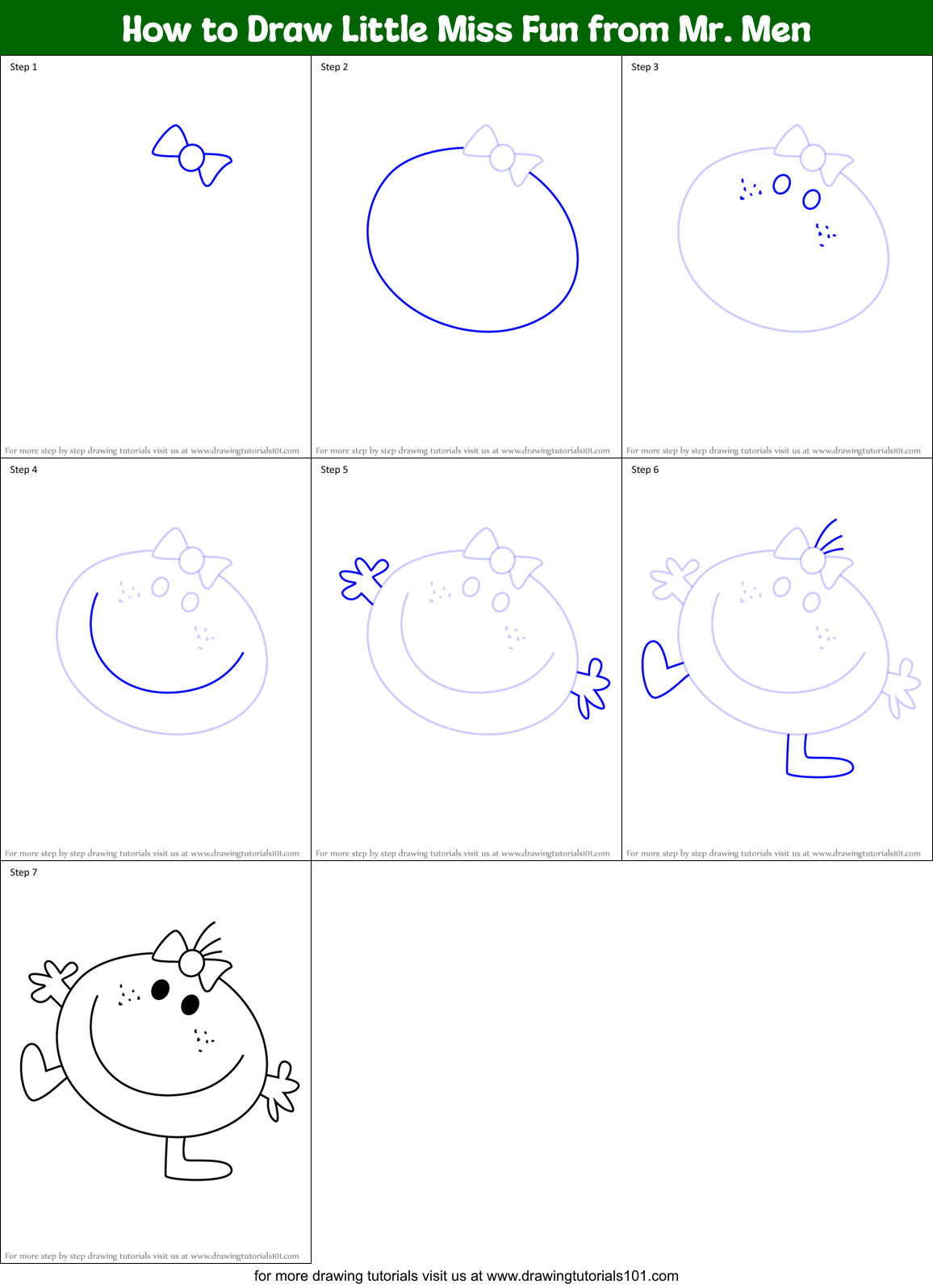 How to Draw Little Miss Fun from Mr. Men Printable Step by Step