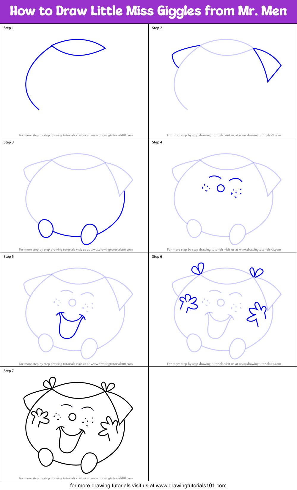How to Draw Little Miss Giggles from Mr. Men Printable Step by Step