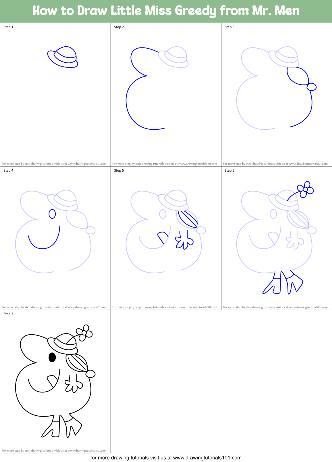 How to Draw Little Miss Greedy from Mr. Men Printable Step by Step