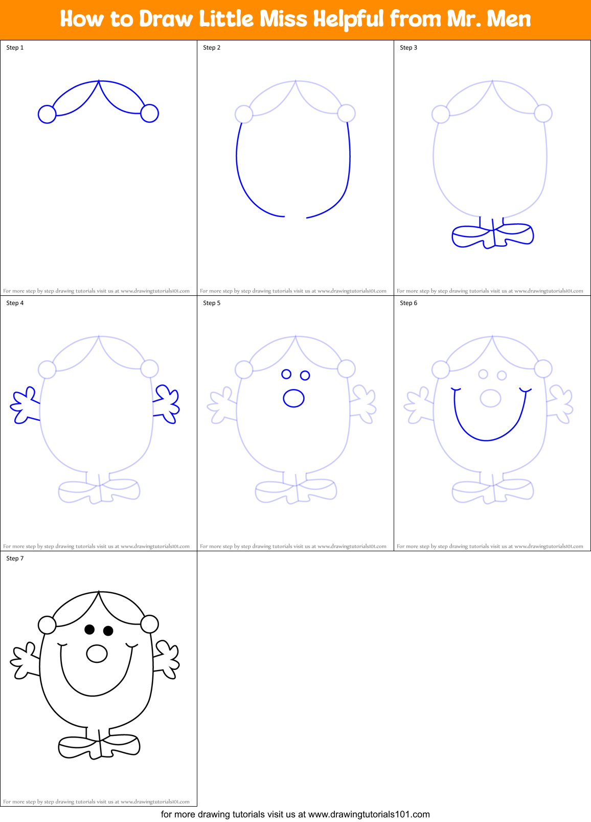 How to Draw Little Miss Helpful from Mr. Men Printable Step by Step