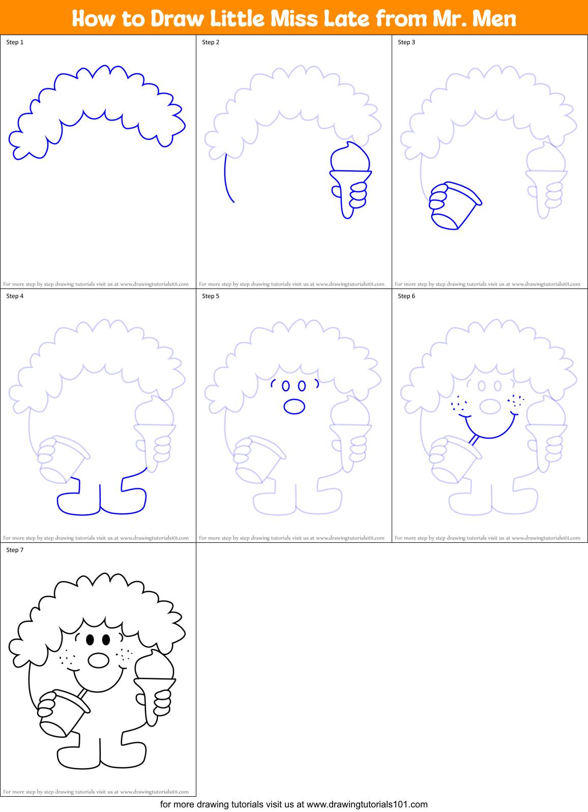 How to Draw Little Miss Late from Mr. Men Printable Step by Step