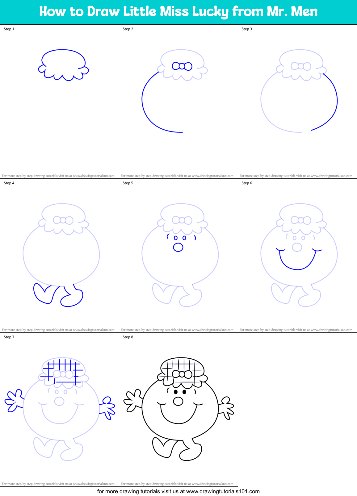 How to Draw Little Miss Lucky from Mr. Men Printable Step by Step