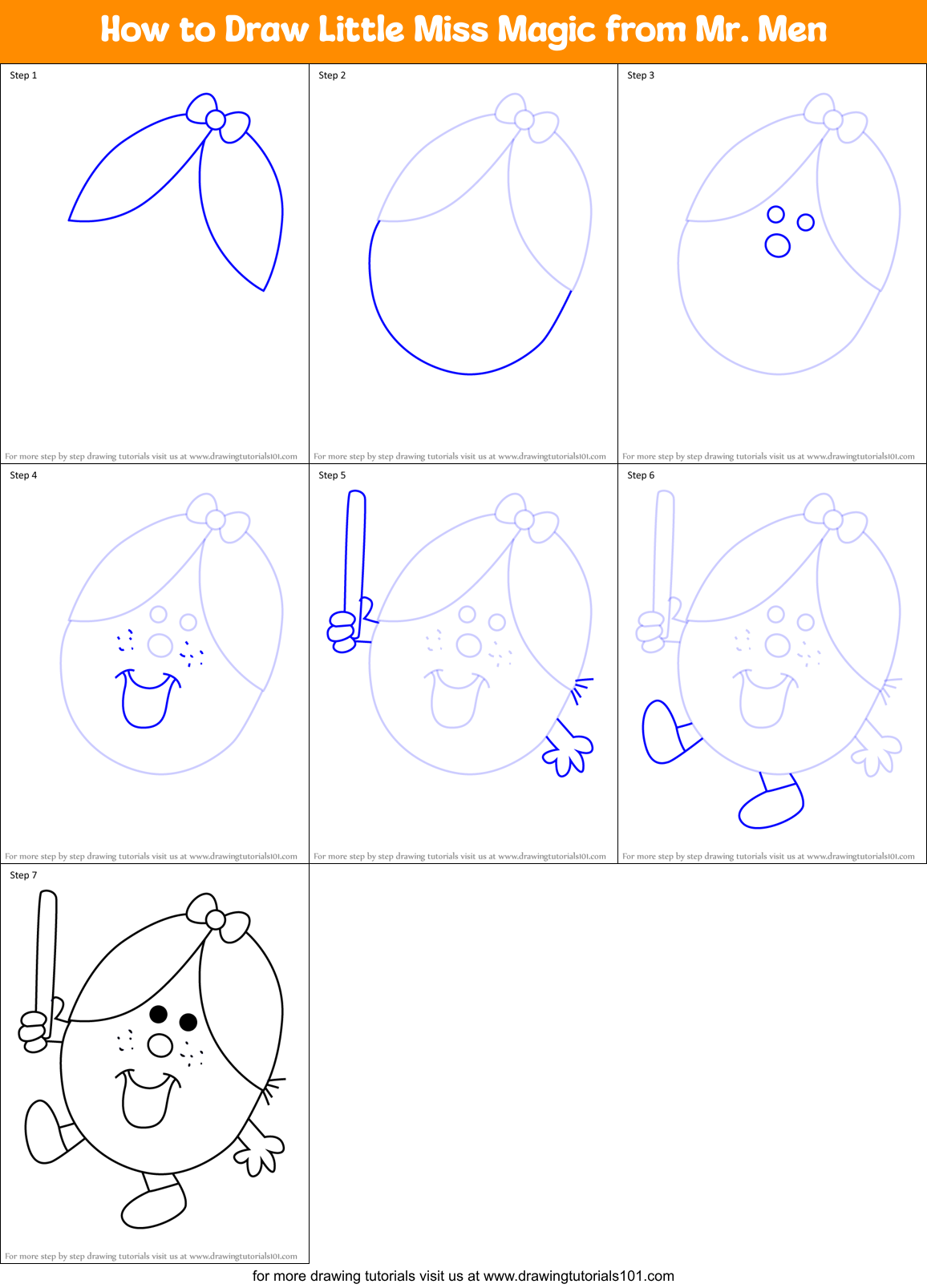 How to Draw Little Miss Magic from Mr. Men Printable Step by Step