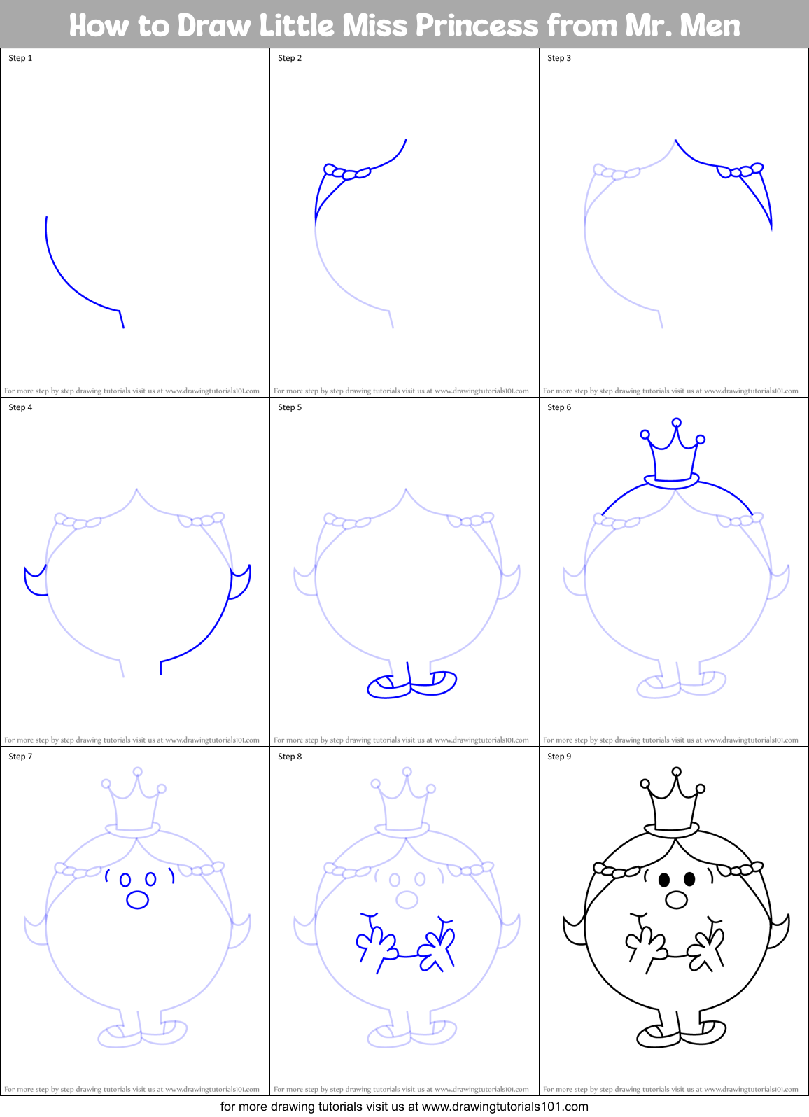 How to Draw Little Miss Princess from Mr. Men Printable Step by Step