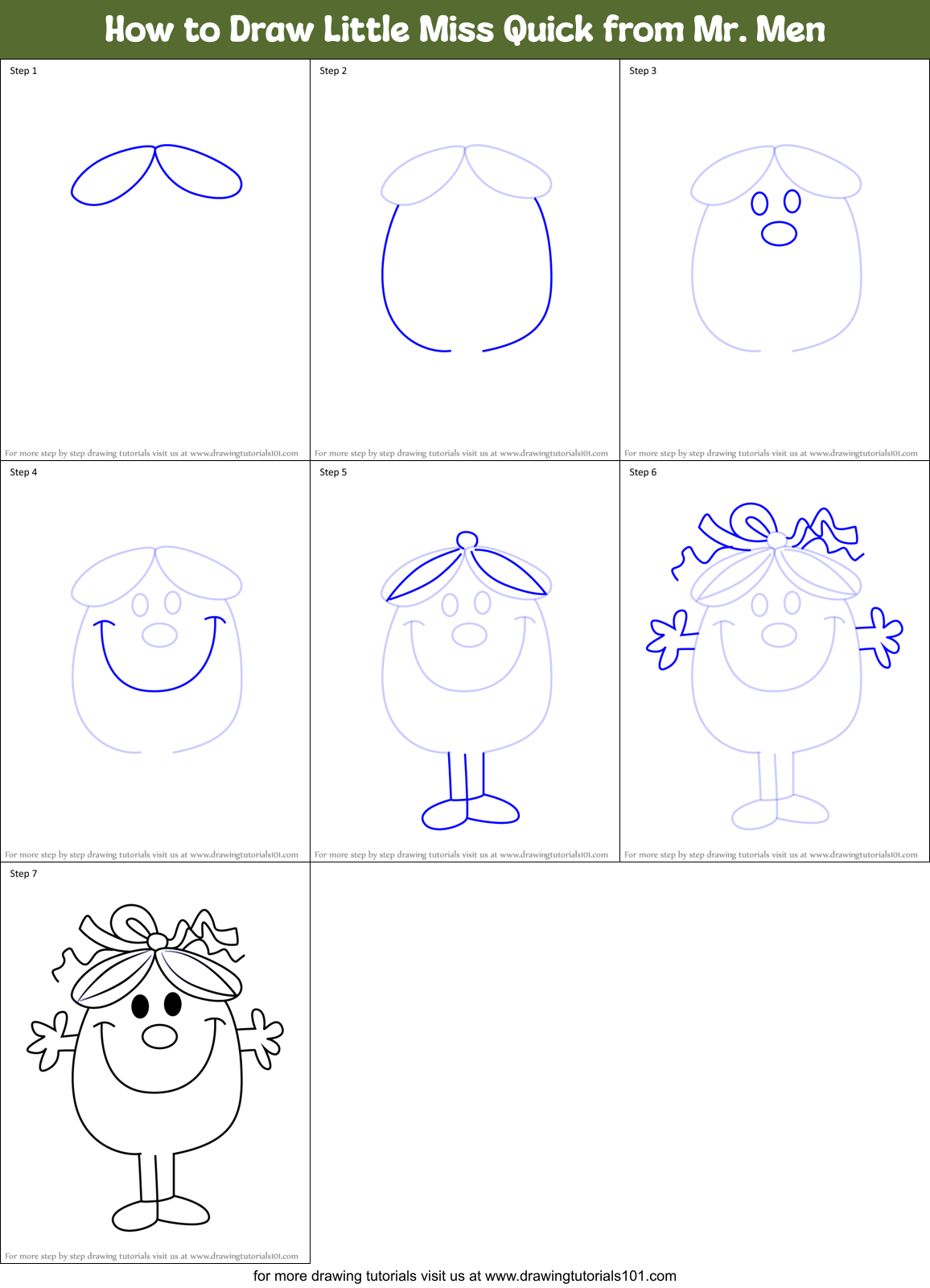 How to Draw Little Miss Quick from Mr. Men Printable Step by Step