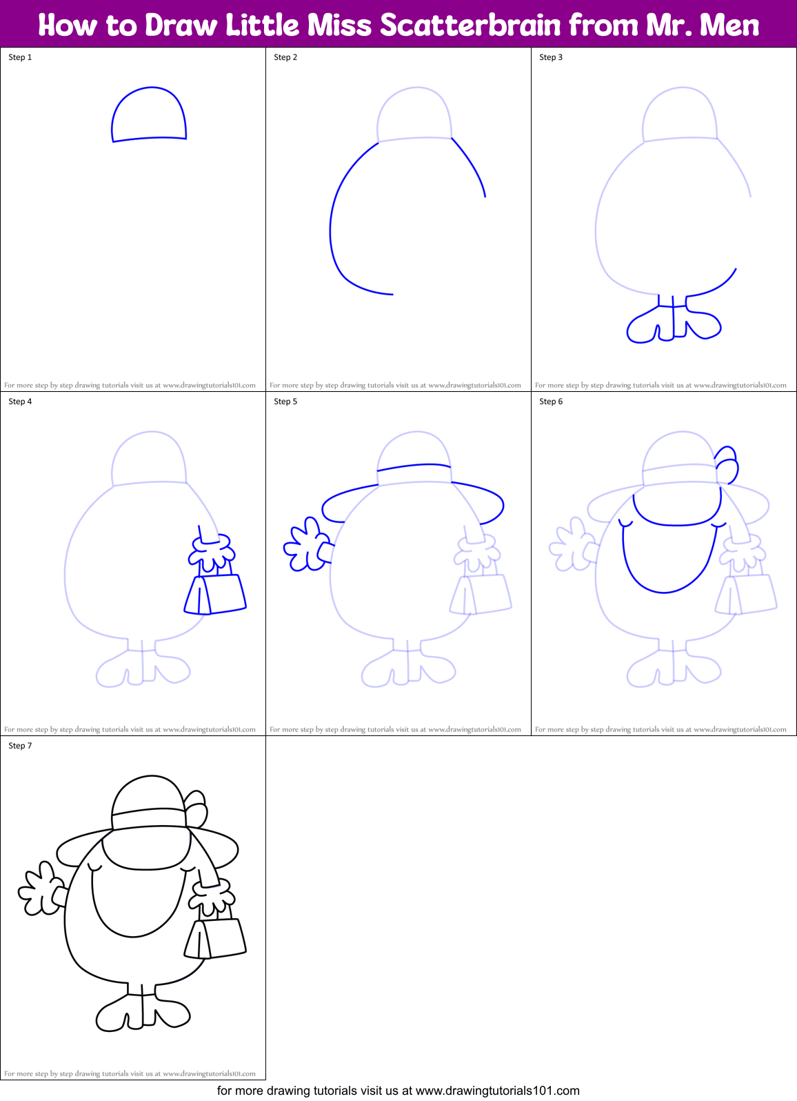 How to Draw Little Miss Scatterbrain from Mr. Men Printable Step by Step