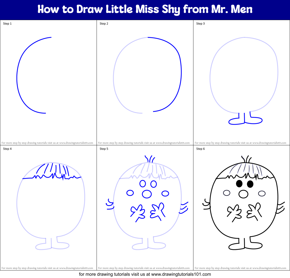 How to Draw Little Miss Shy from Mr. Men Printable Step by Step