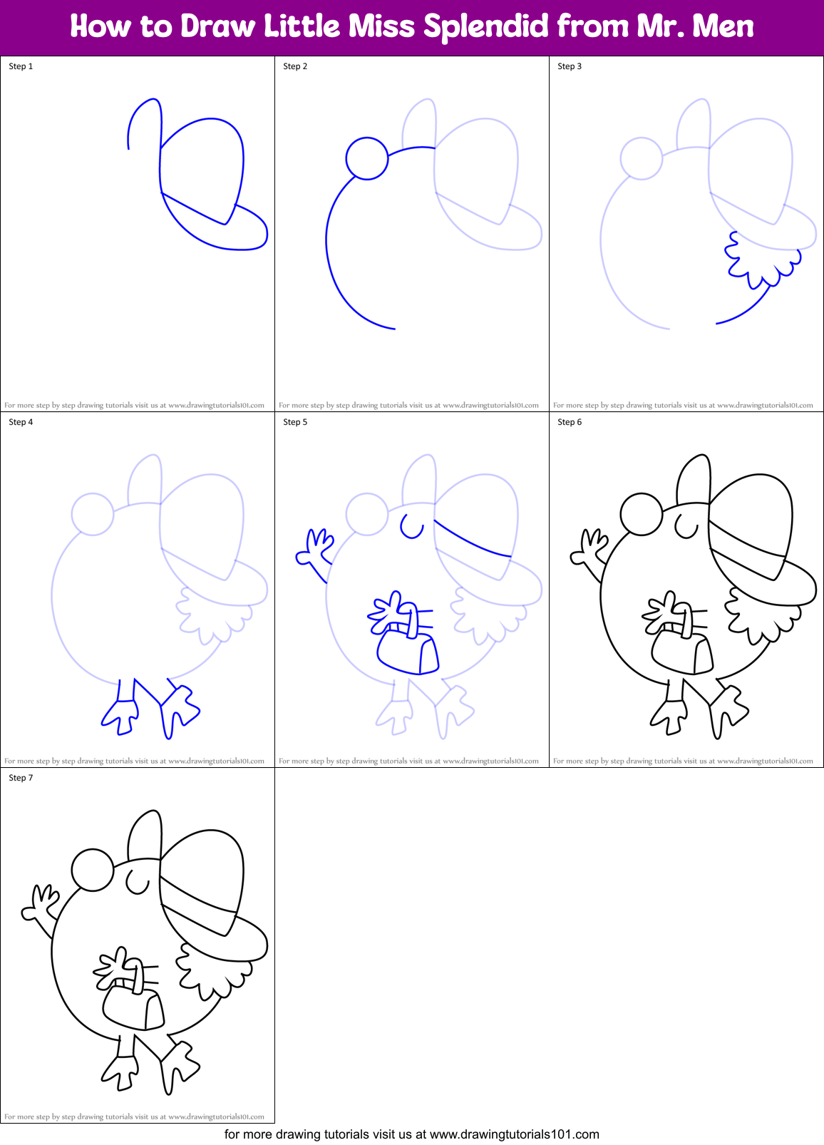 How to Draw Little Miss Splendid from Mr. Men Printable Step by Step