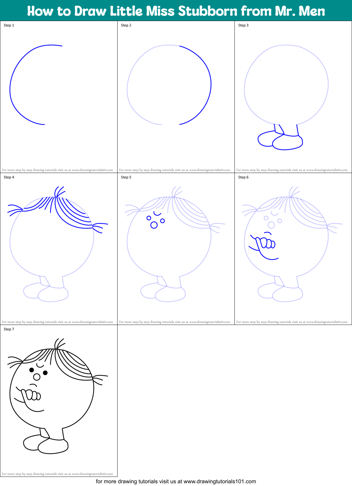 How to Draw Little Miss Stubborn from Mr. Men Printable Step by Step
