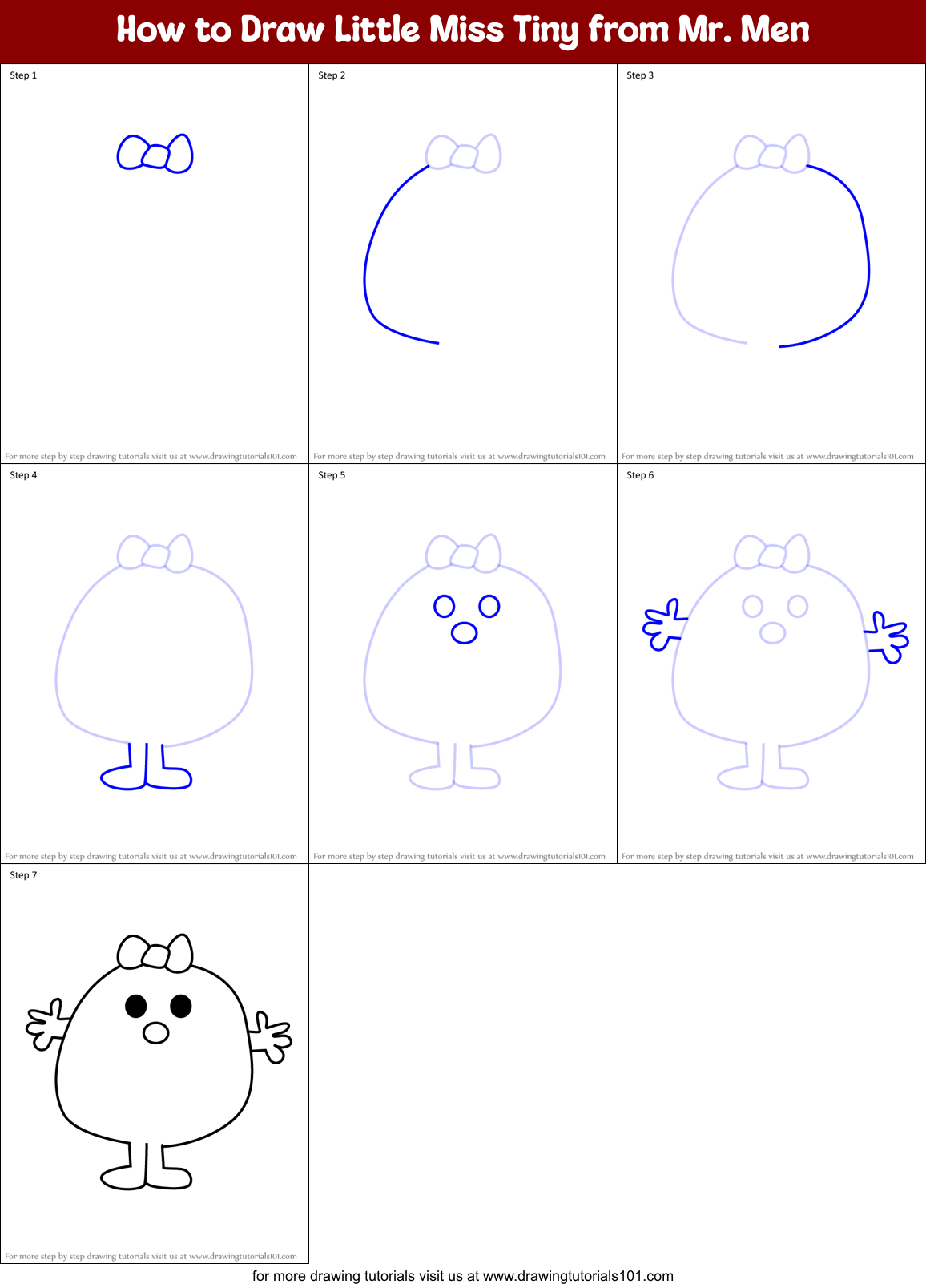 How to Draw Little Miss Tiny from Mr. Men Printable Step by Step