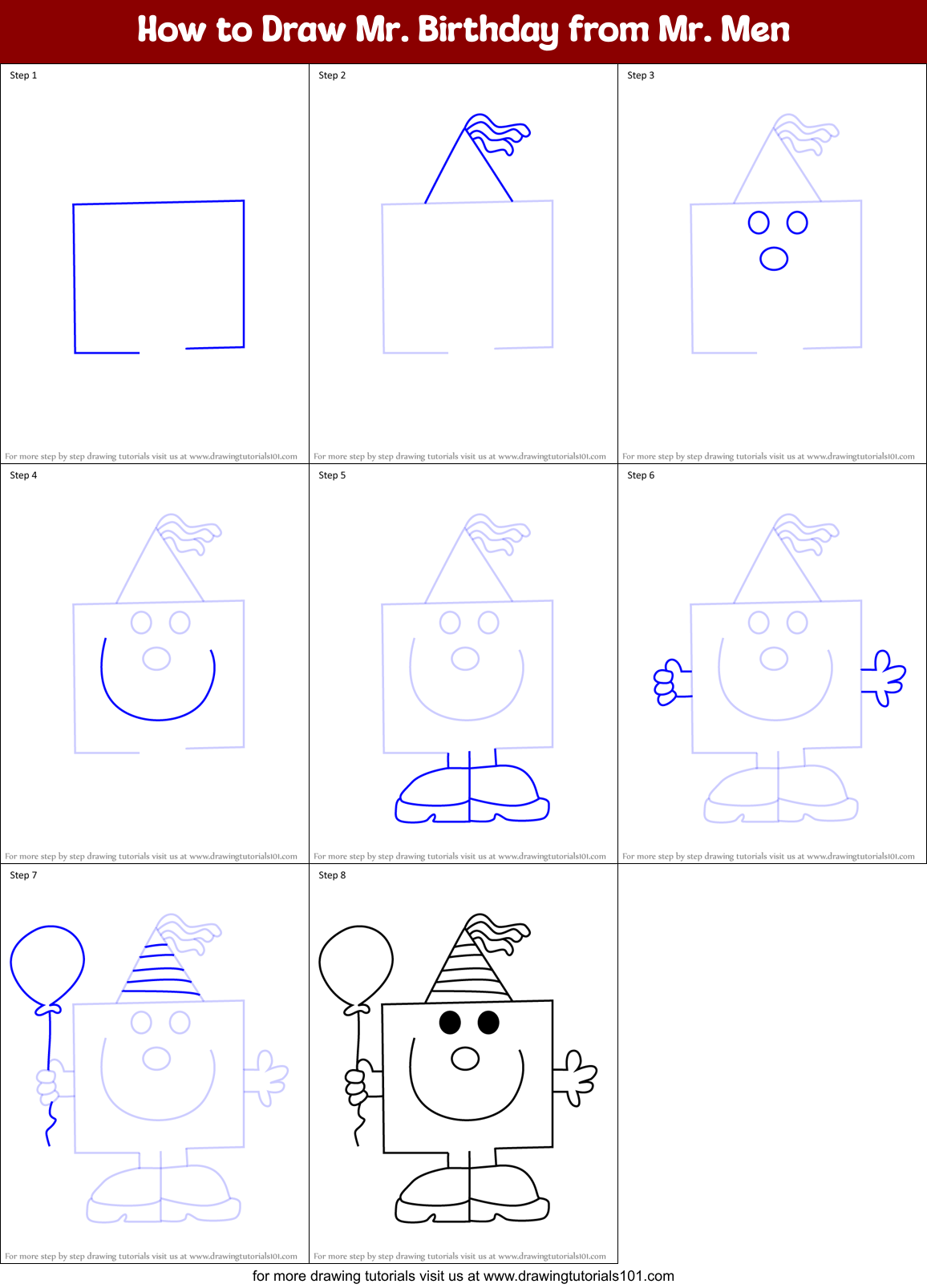 How to Draw Mr. Birthday from Mr. Men Printable Step by Step