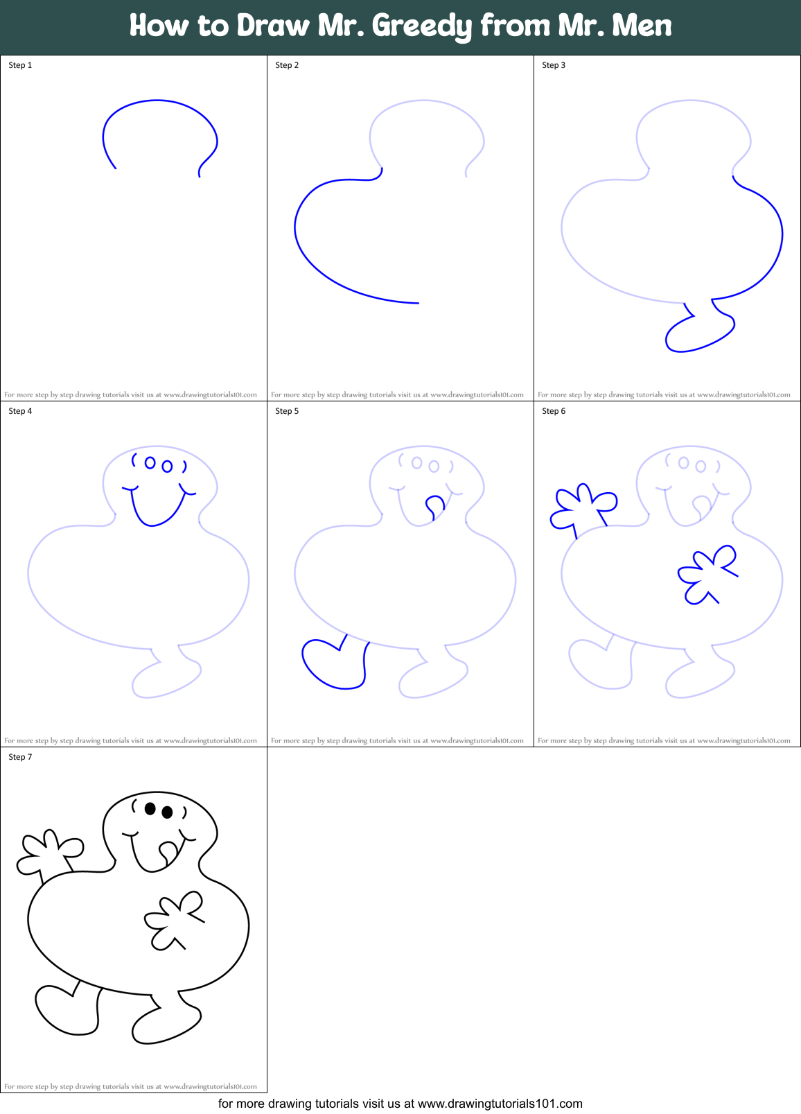 How to Draw Mr. Greedy from Mr. Men Printable Step by Step