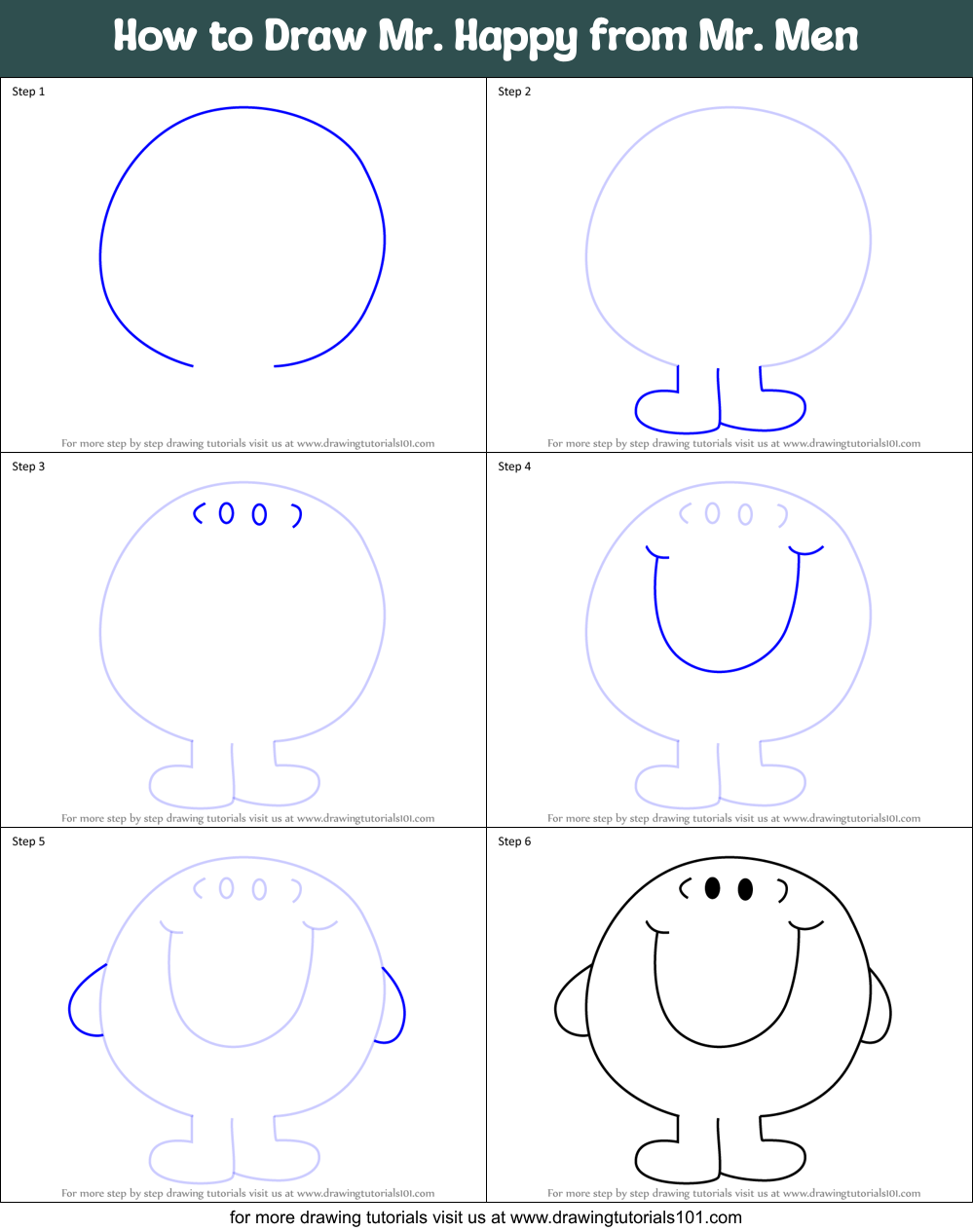 How to Draw Mr. Happy from Mr. Men Printable Step by Step