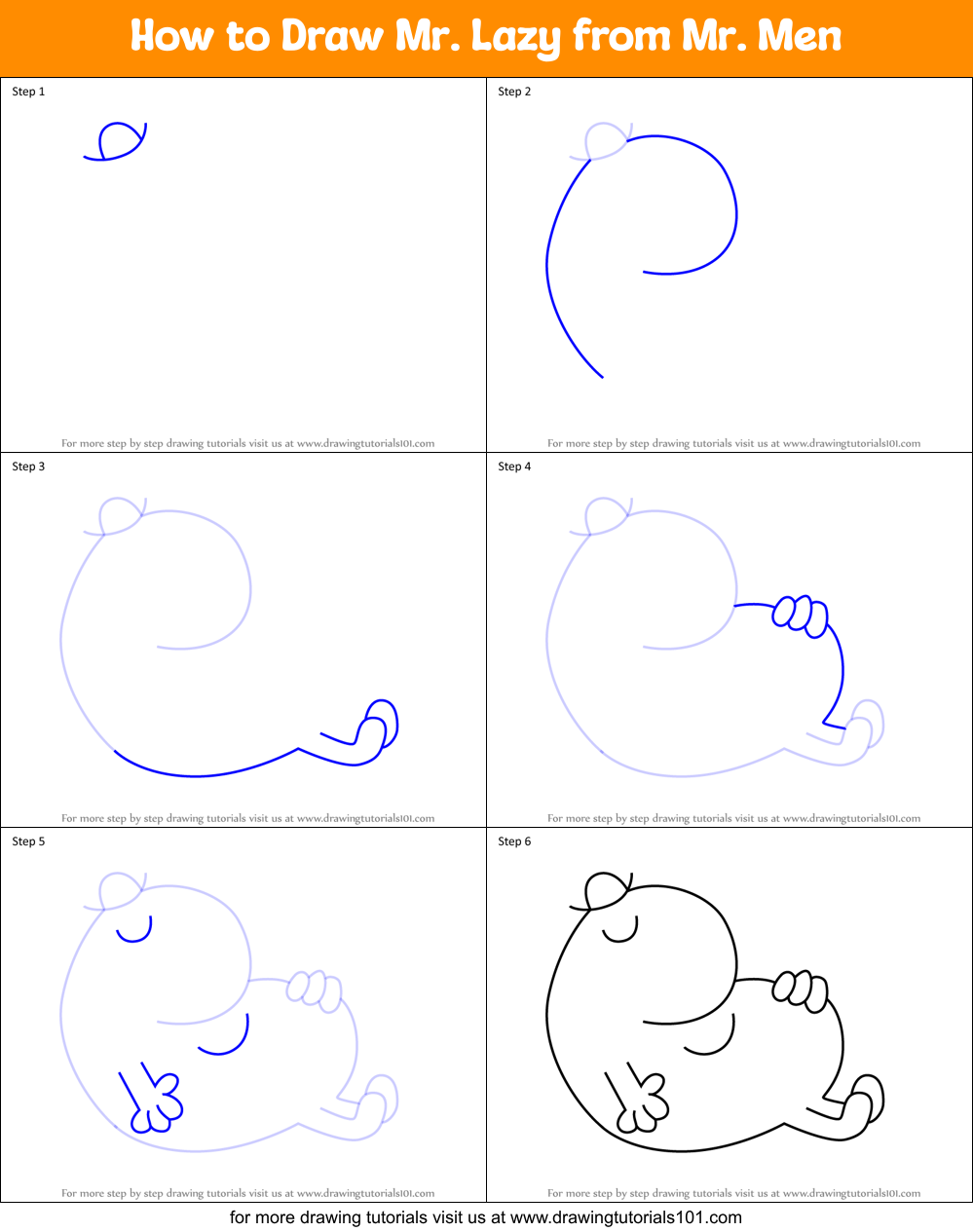 How to Draw Mr. Lazy from Mr. Men Printable Step by Step
