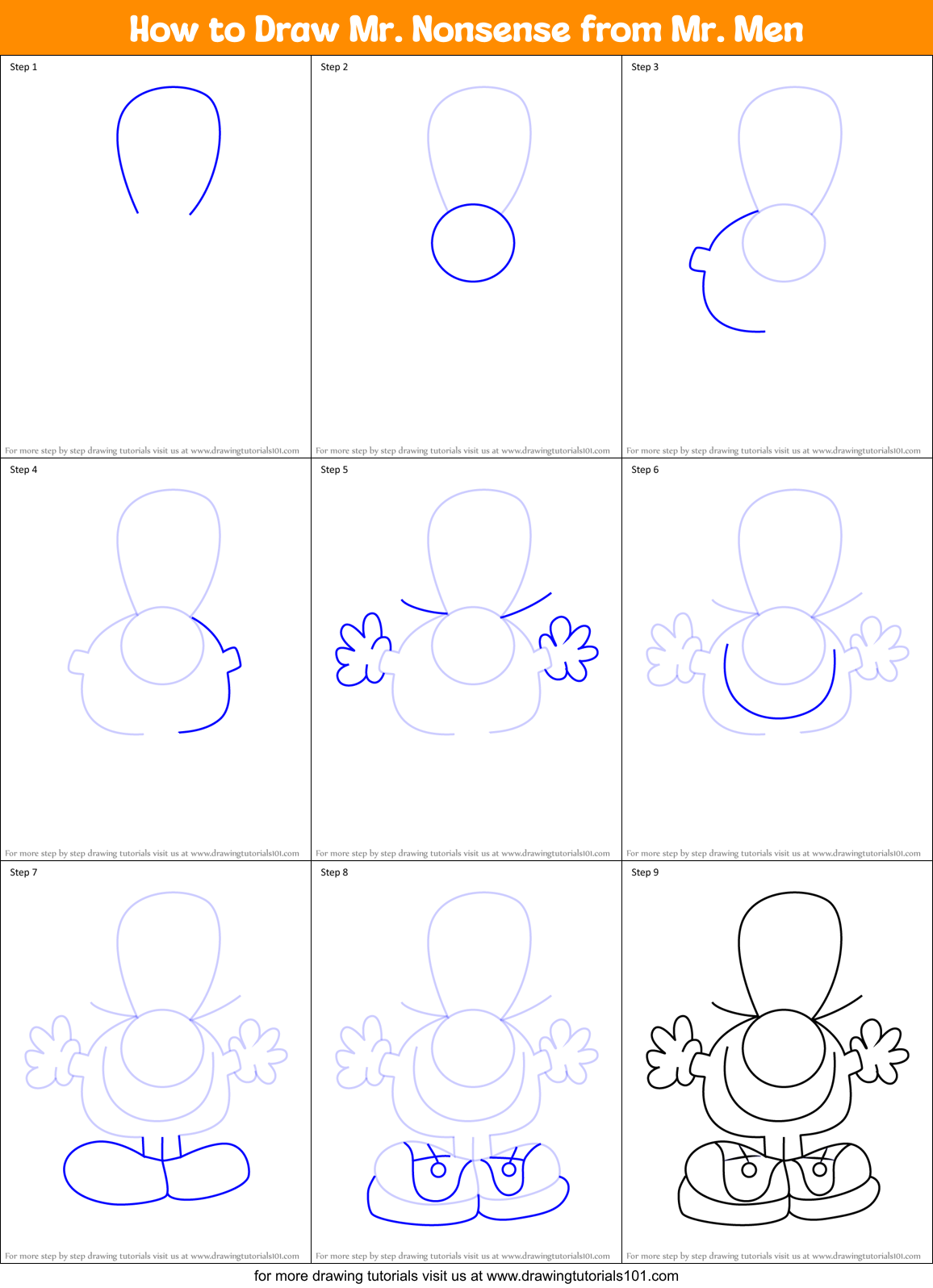 How to Draw Mr. Nonsense from Mr. Men Printable Step by Step