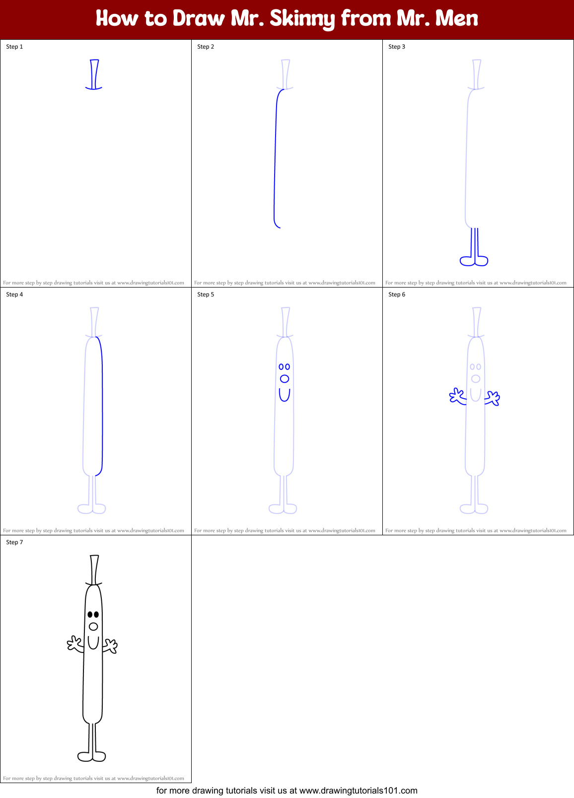 How to Draw Mr. Skinny from Mr. Men Printable Step by Step