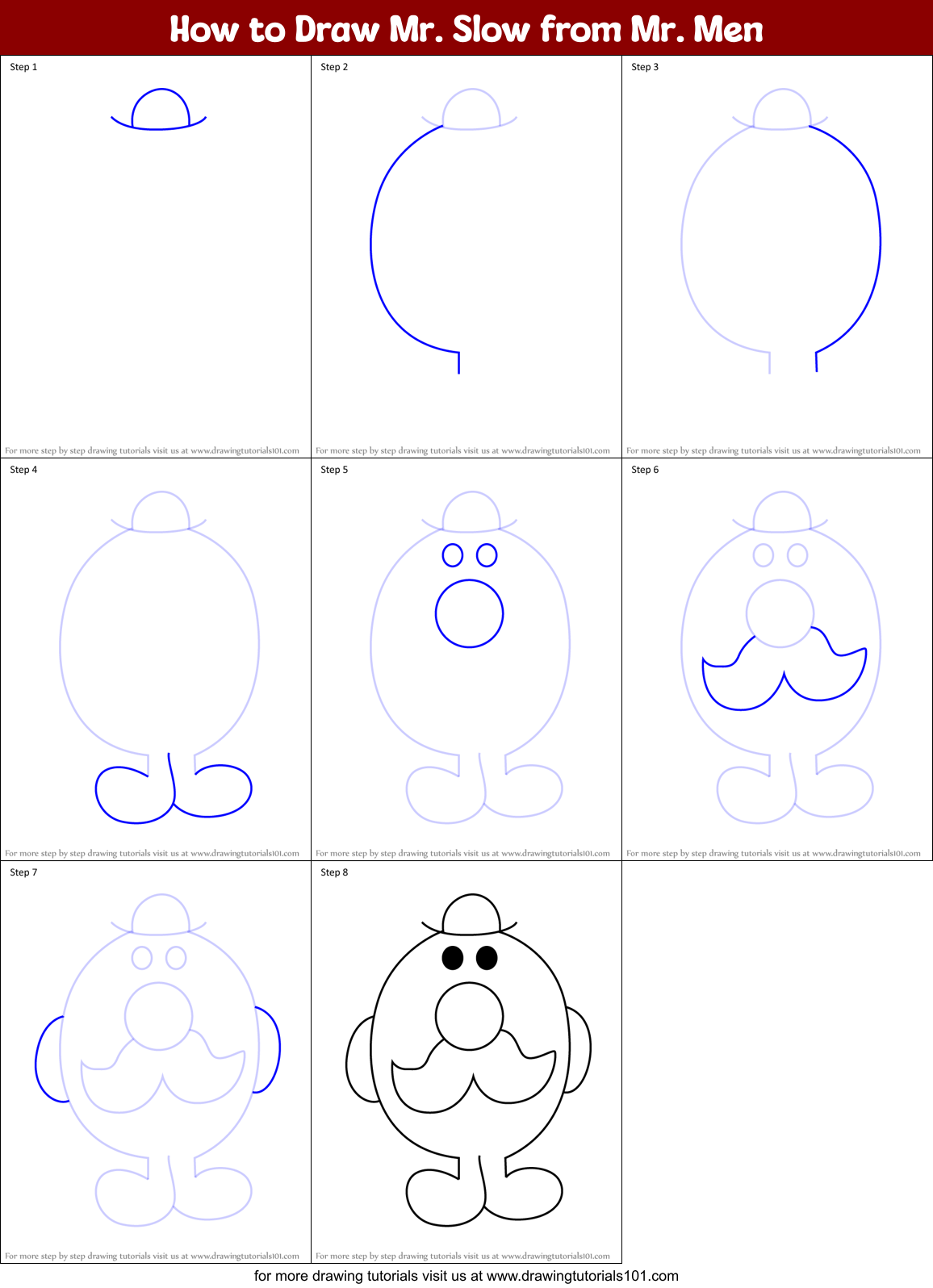 How to Draw Mr. Slow from Mr. Men Printable Step by Step