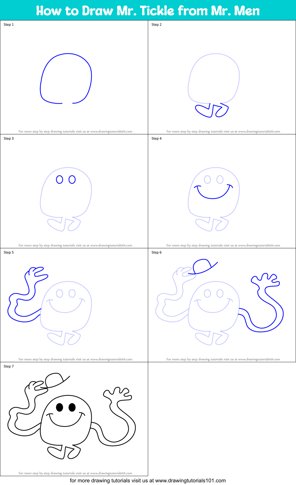 How to Draw Mr. Tickle from Mr. Men Printable Step by Step