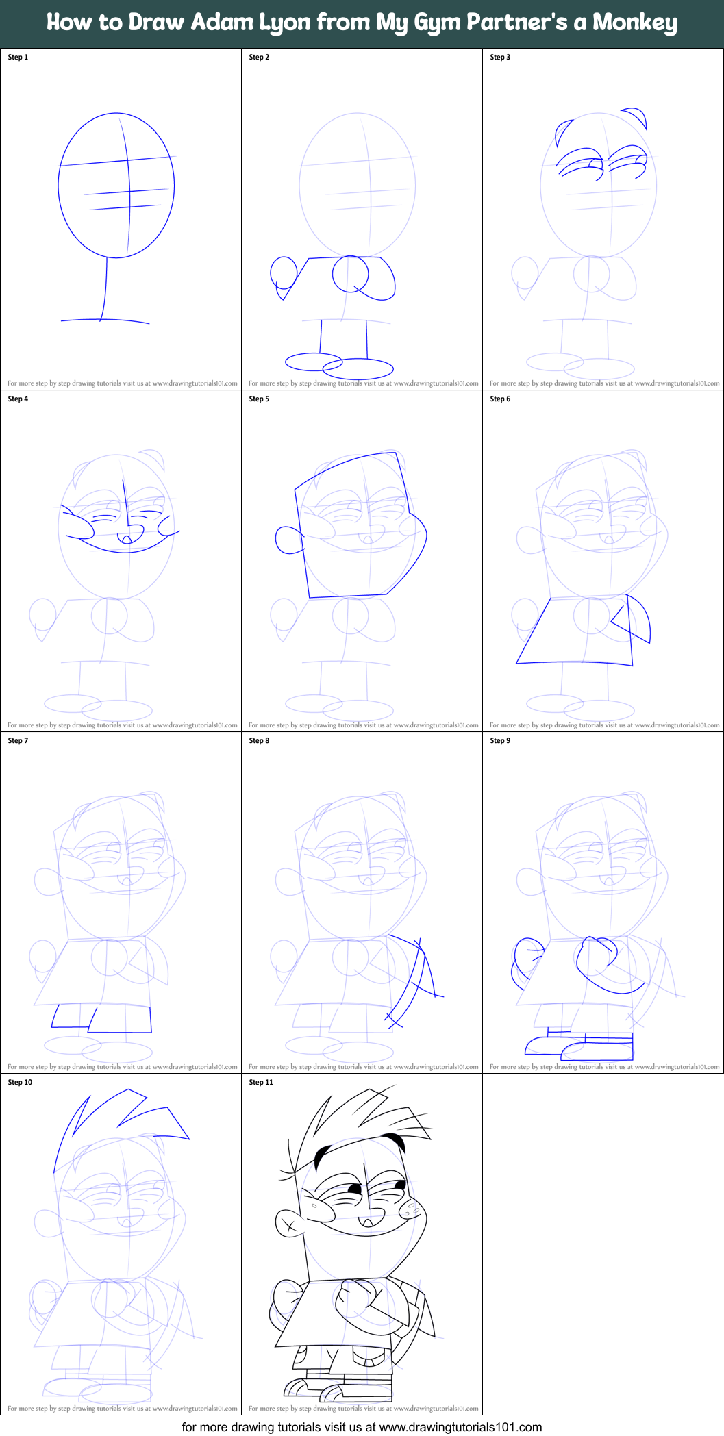How to Draw Adam Lyon from My Gym Partner's a Monkey Printable Step by Step