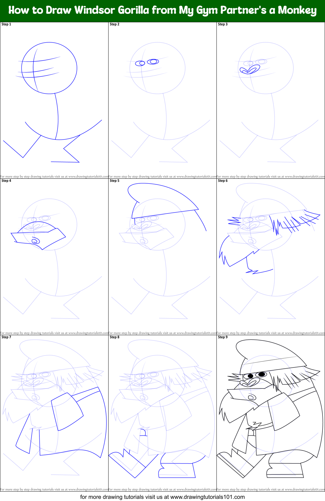 How to Draw Windsor Gorilla from My Gym Partner's a Monkey Printable Step by Step