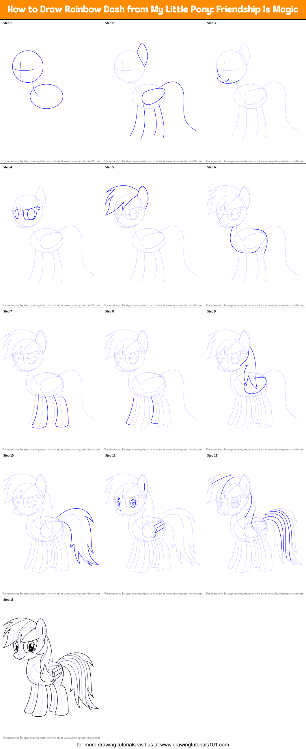 How to Draw Rainbow Dash from My Little Pony: Friendship Is Magic Printable Step by Step