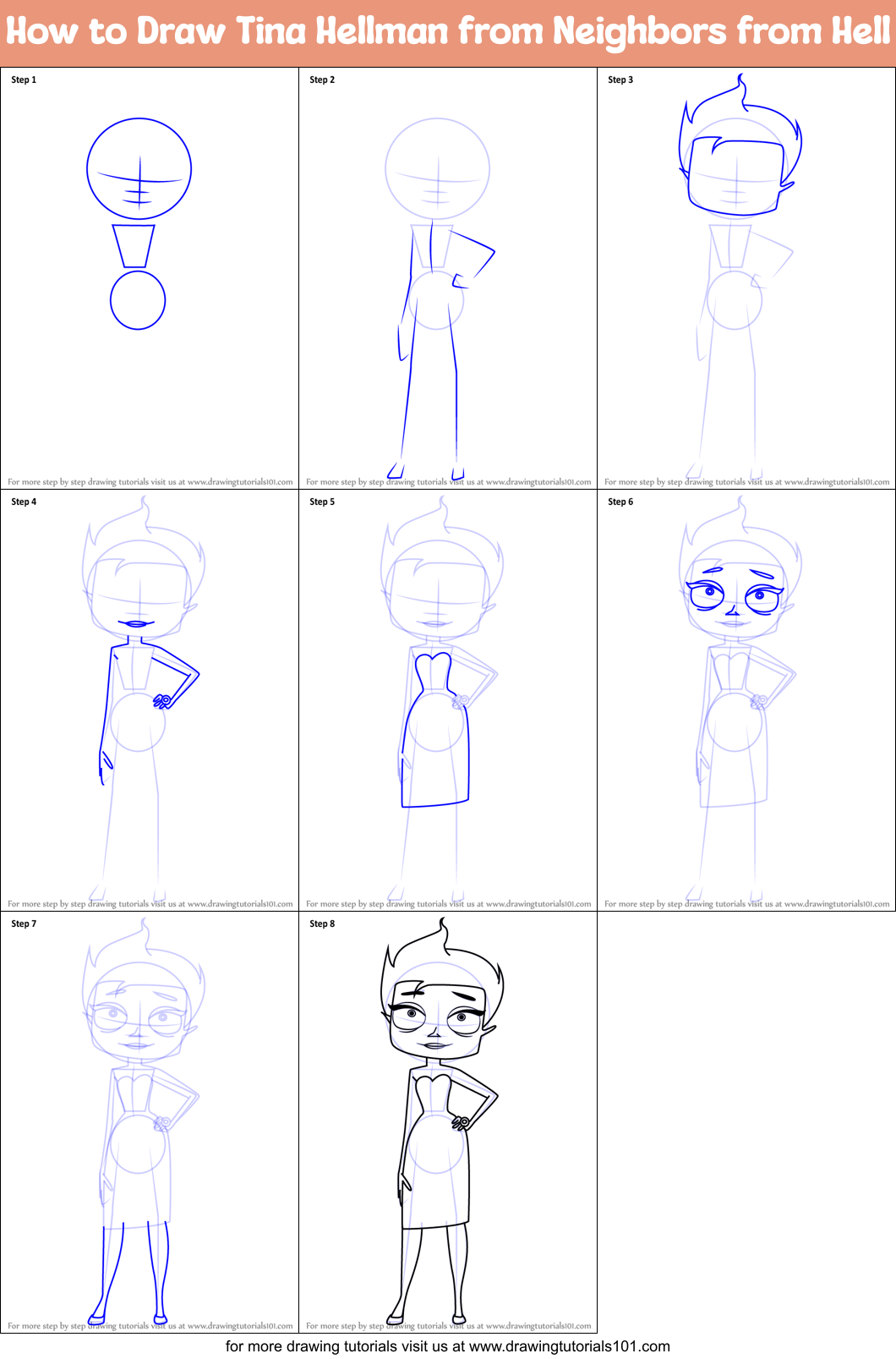 How to Draw Tina Hellman from Neighbors from Hell Printable Step by Step