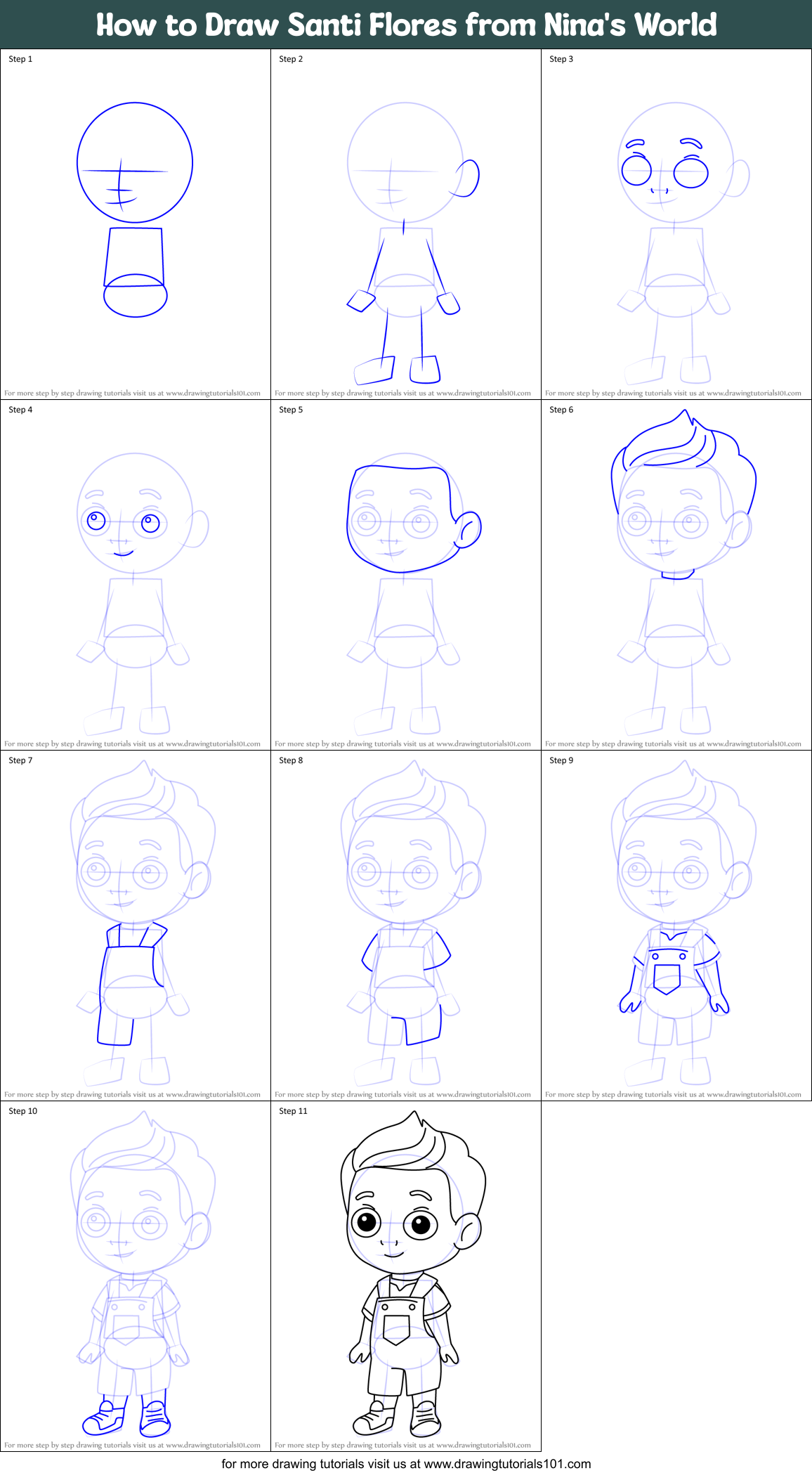 How to Draw Santi Flores from Nina's World Printable Step by Step
