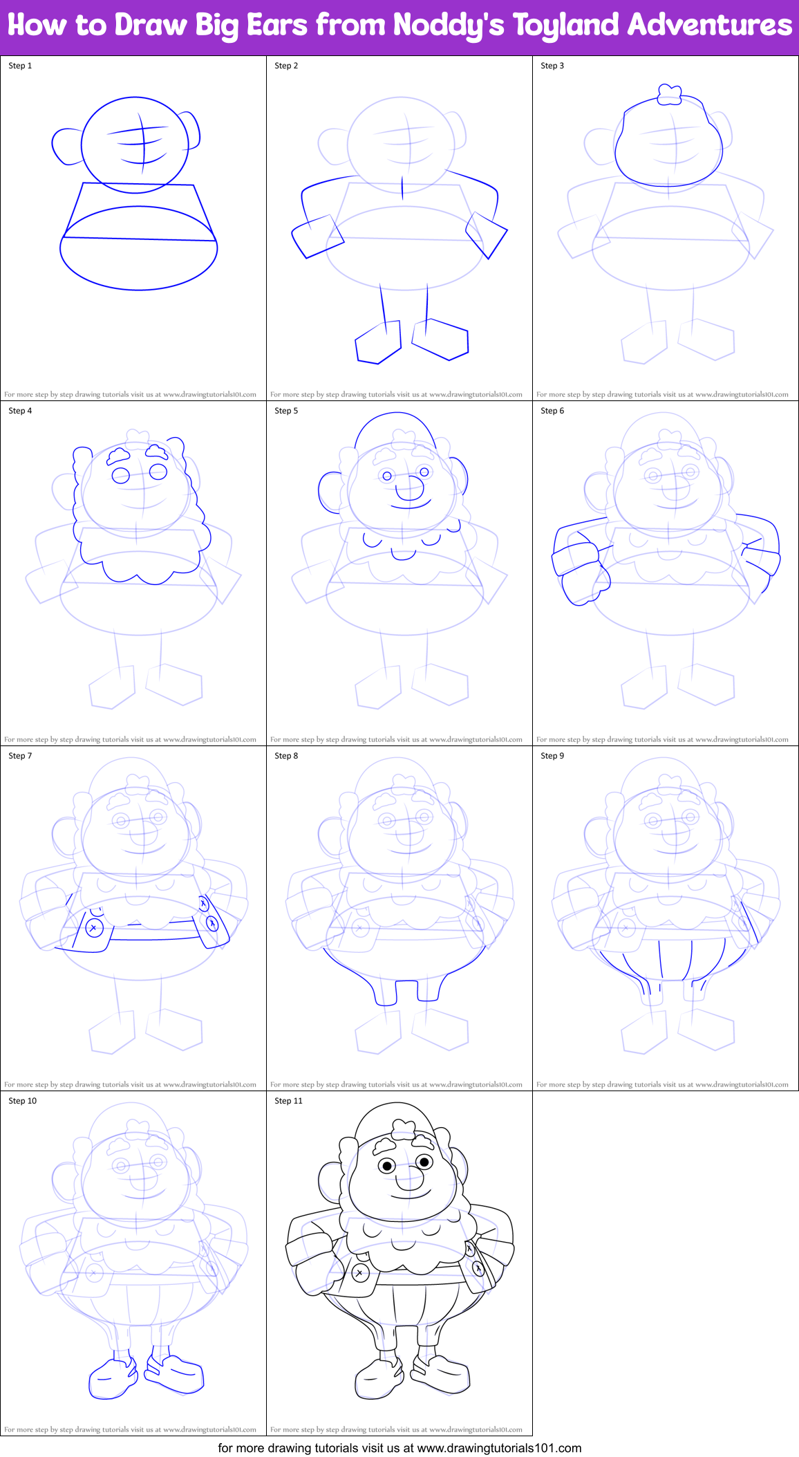 How to Draw Big Ears from Noddy's Toyland Adventures Printable Step by Step
