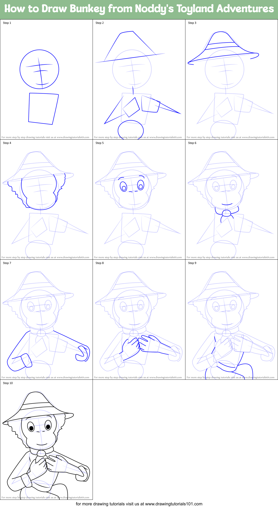 How to Draw Bunkey from Noddy's Toyland Adventures Printable Step by Step