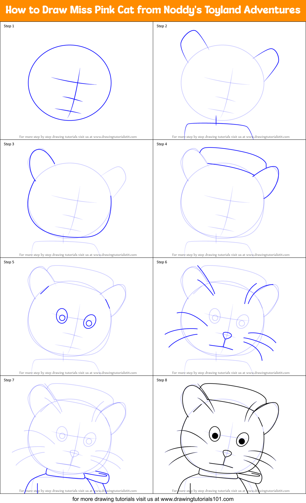 How to Draw Miss Pink Cat from Noddy's Toyland Adventures Printable Step by Step