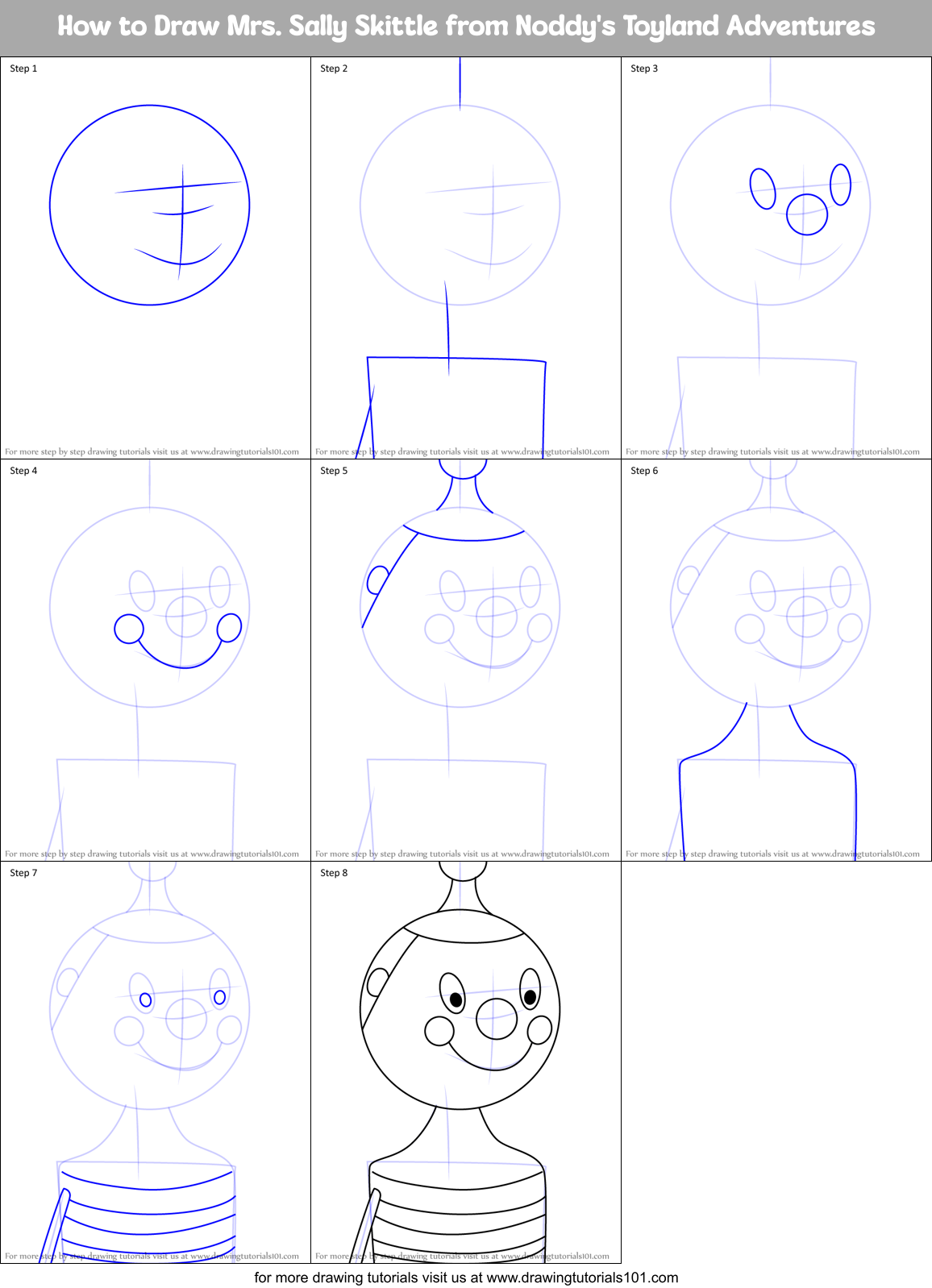 How to Draw Mrs. Sally Skittle from Noddy's Toyland Adventures Printable Step by Step