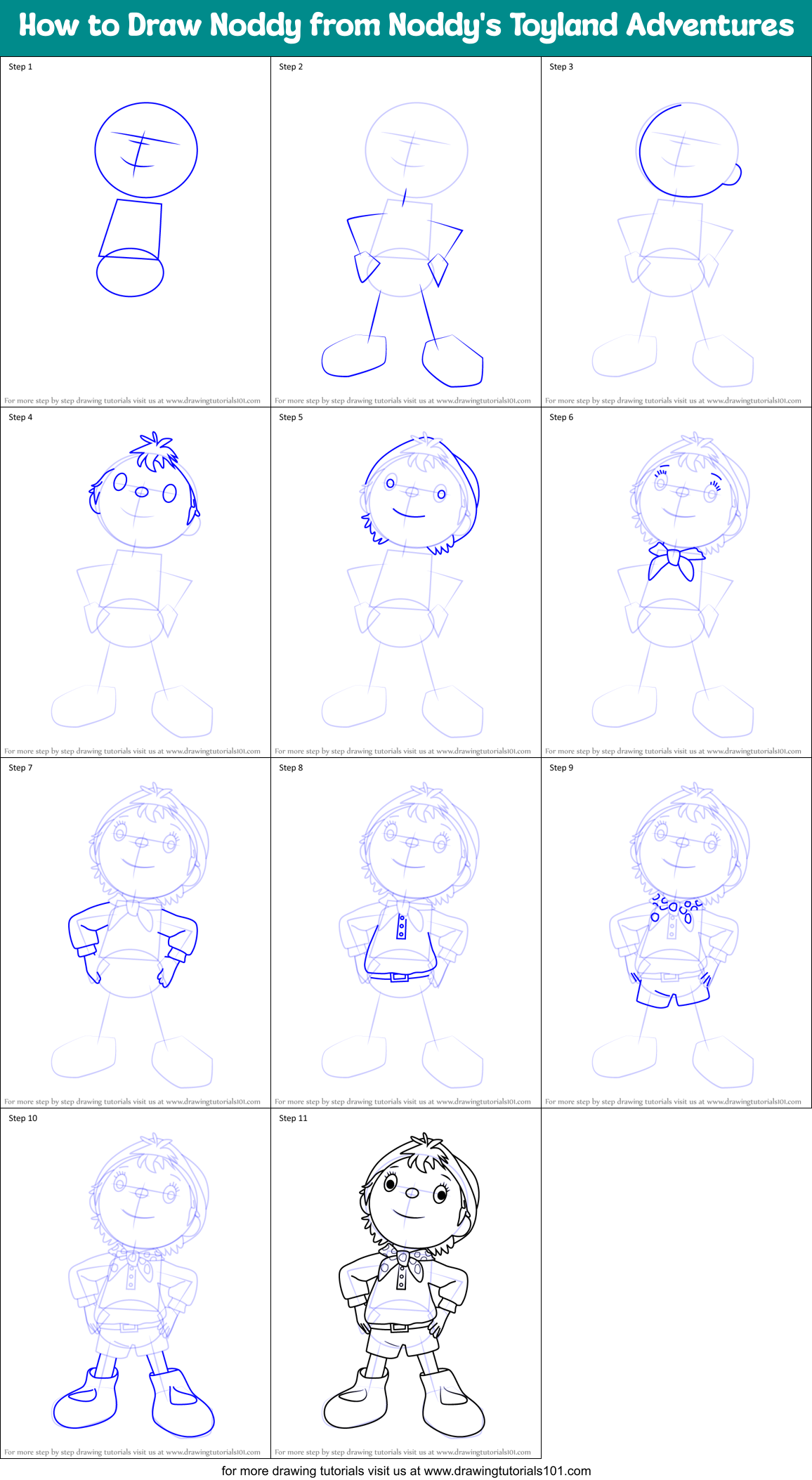 How to Draw Noddy from Noddy's Toyland Adventures Printable Step by Step