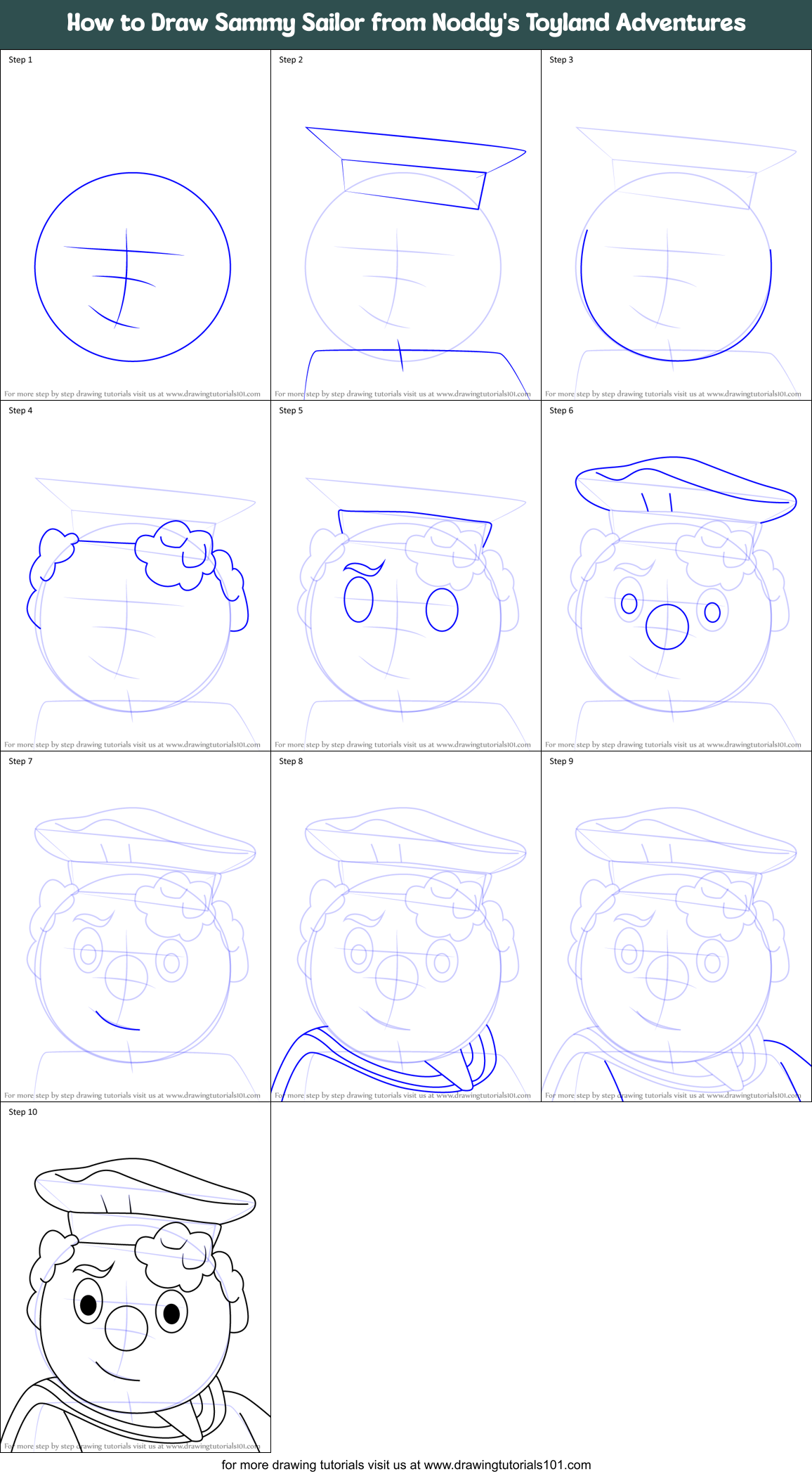 How to Draw Sammy Sailor from Noddy's Toyland Adventures Printable Step by Step