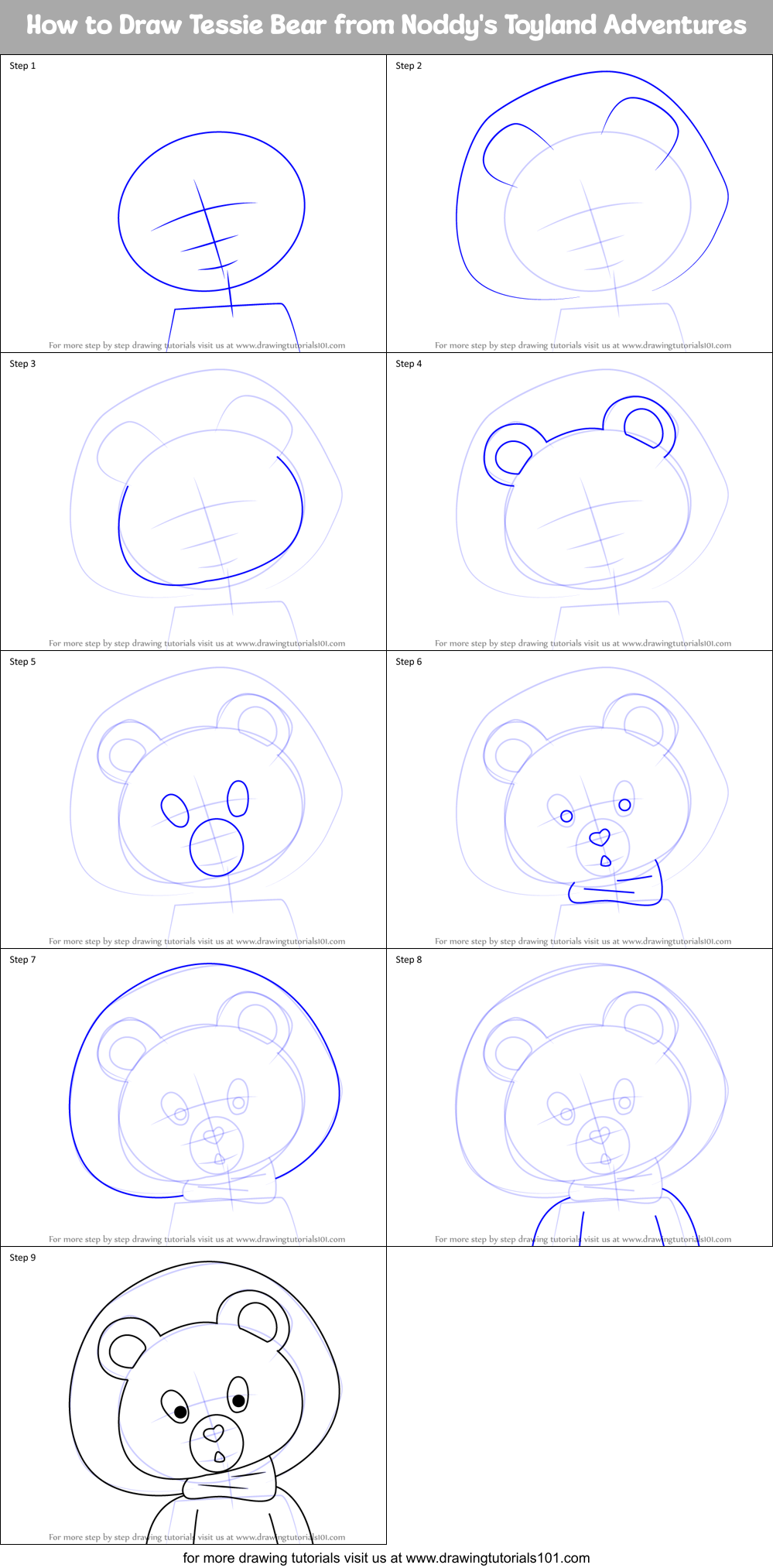 How to Draw Tessie Bear from Noddy's Toyland Adventures Printable Step by Step