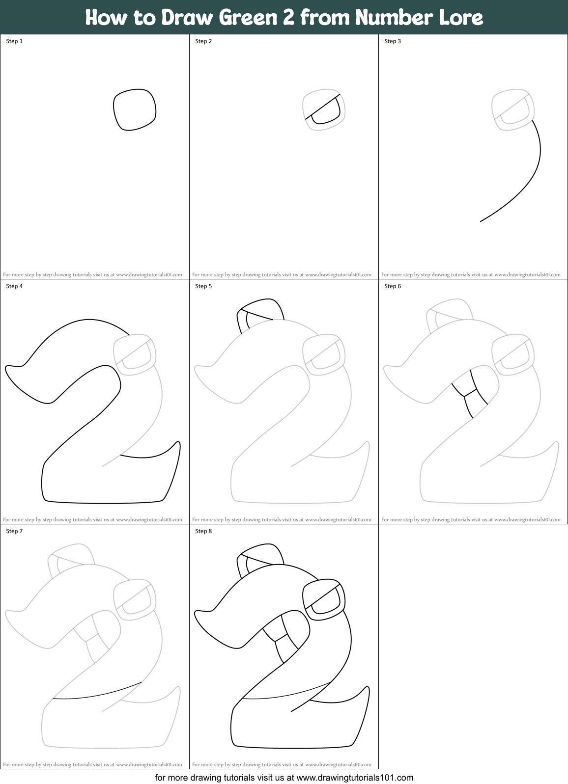 How to Draw Green 2 from Number Lore Printable Step by Step