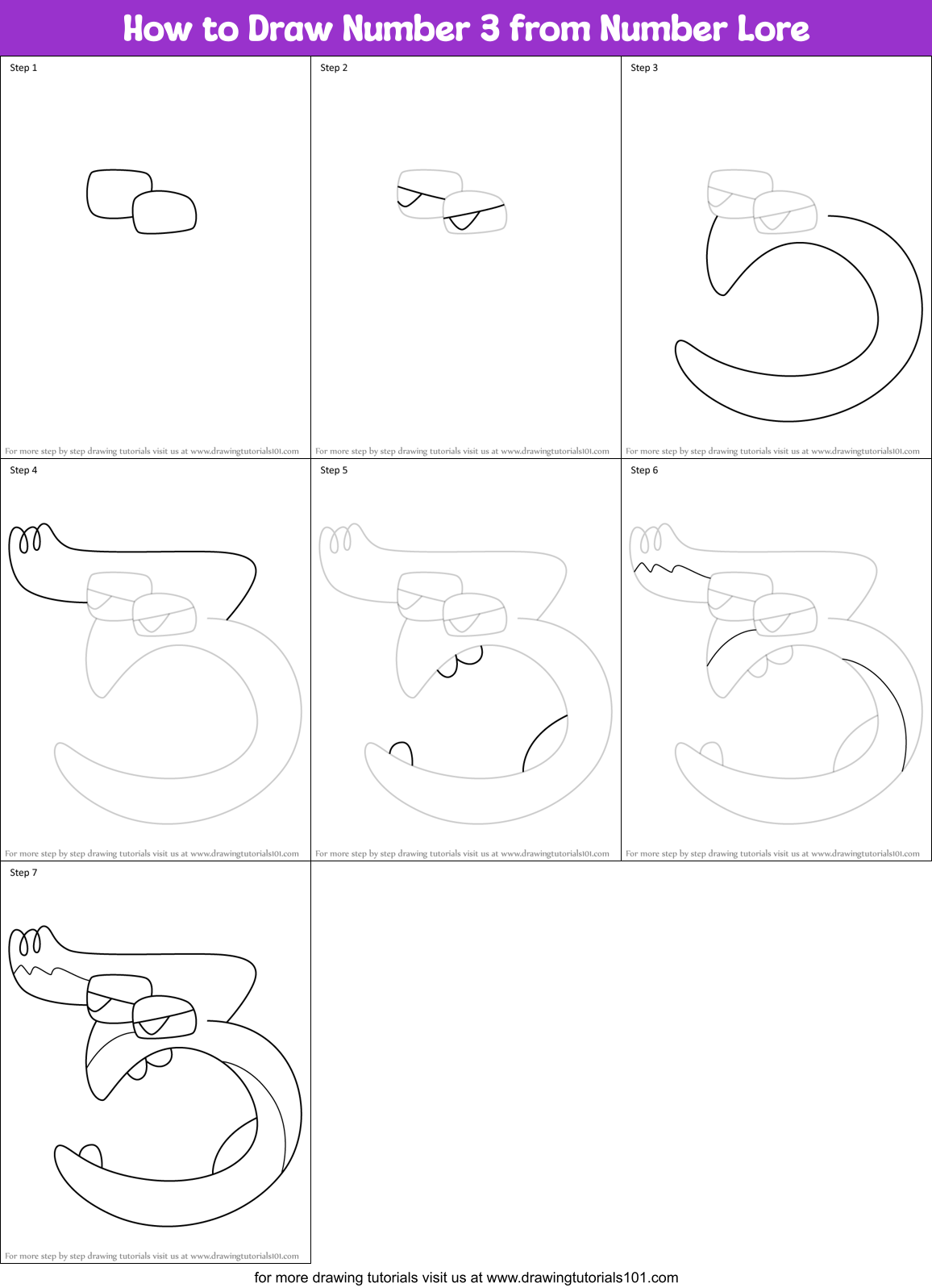 How to Draw Number 3 from Number Lore Printable Step by Step