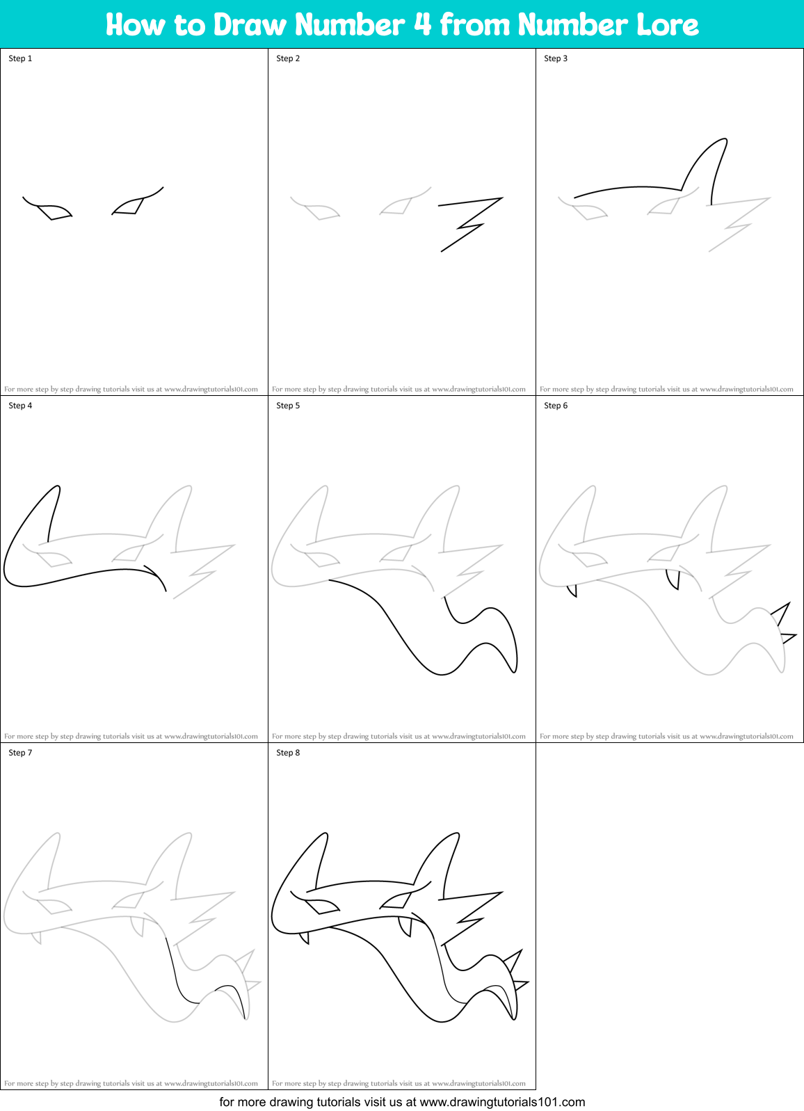 How to Draw Number 4 from Number Lore Printable Step by Step