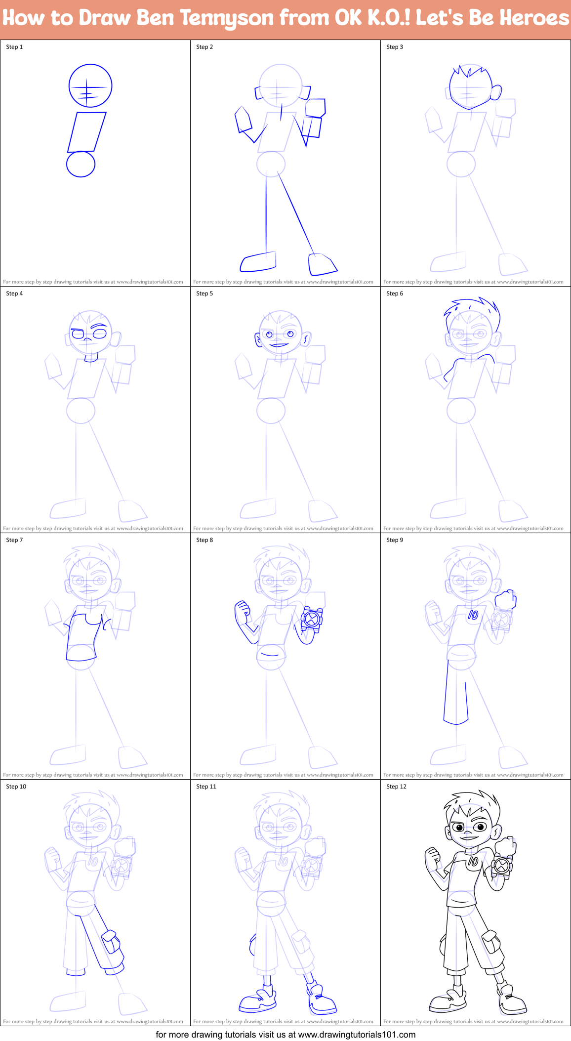 How to Draw Ben Tennyson from OK K.O.! Let's Be Heroes Printable Step by Step