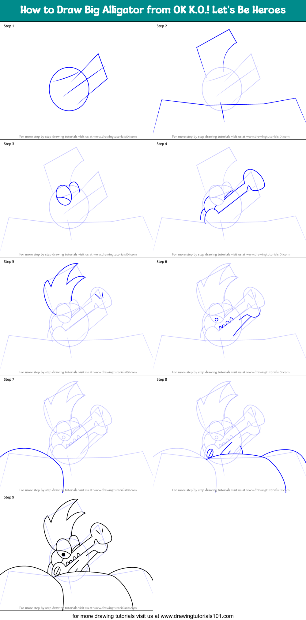 How to Draw Big Alligator from OK K.O.! Let's Be Heroes Printable Step by Step