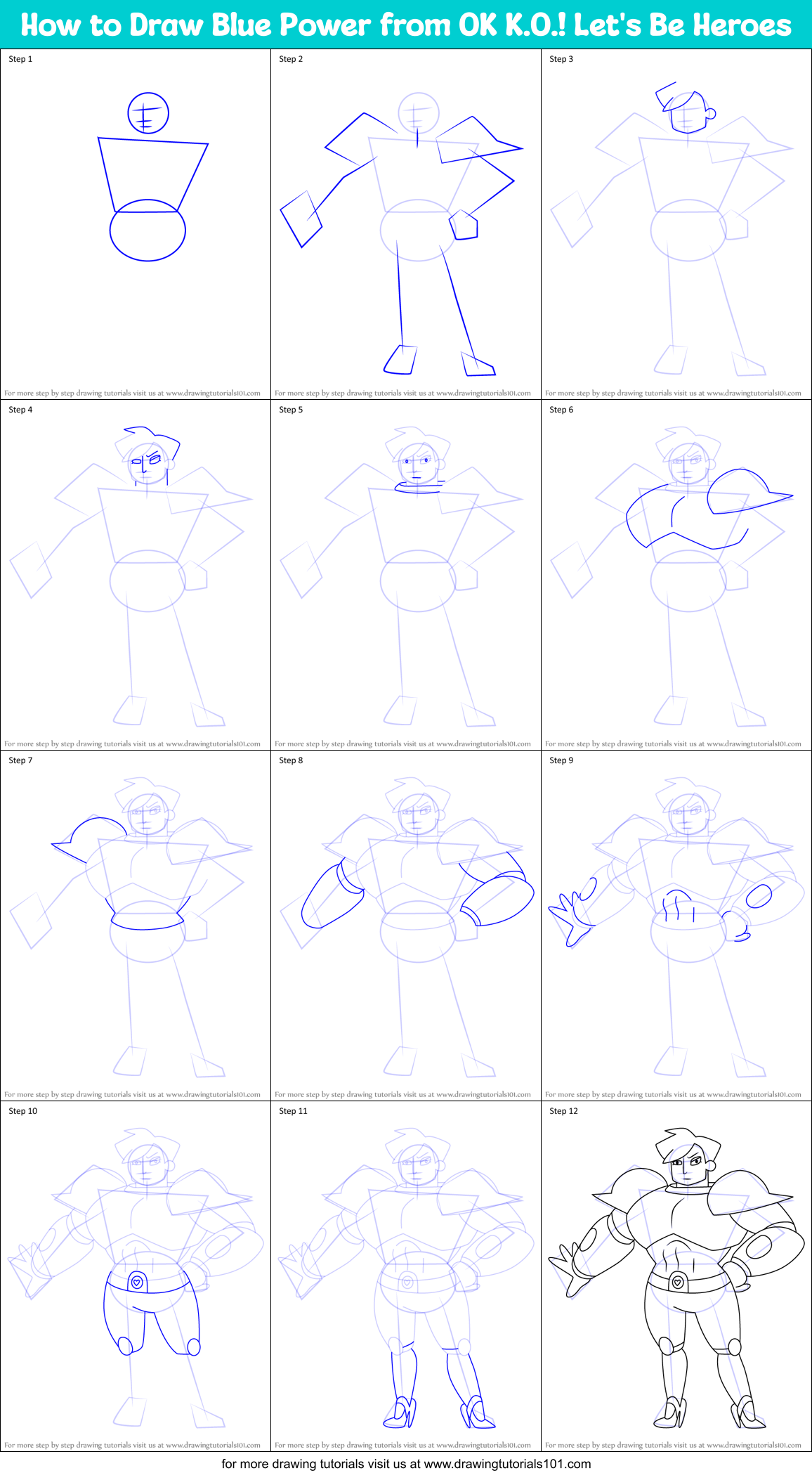 How to Draw Blue Power from OK K.O.! Let's Be Heroes Printable Step by Step