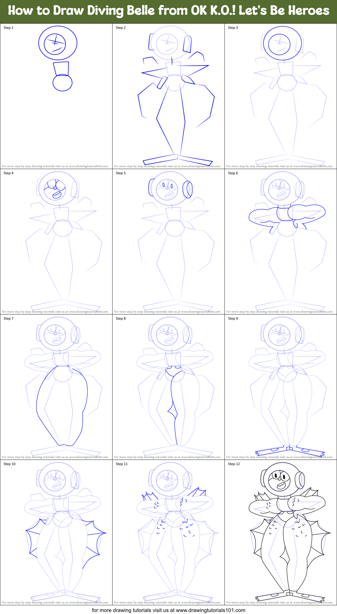 How to Draw Diving Belle from OK K.O.! Let's Be Heroes Printable Step by Step