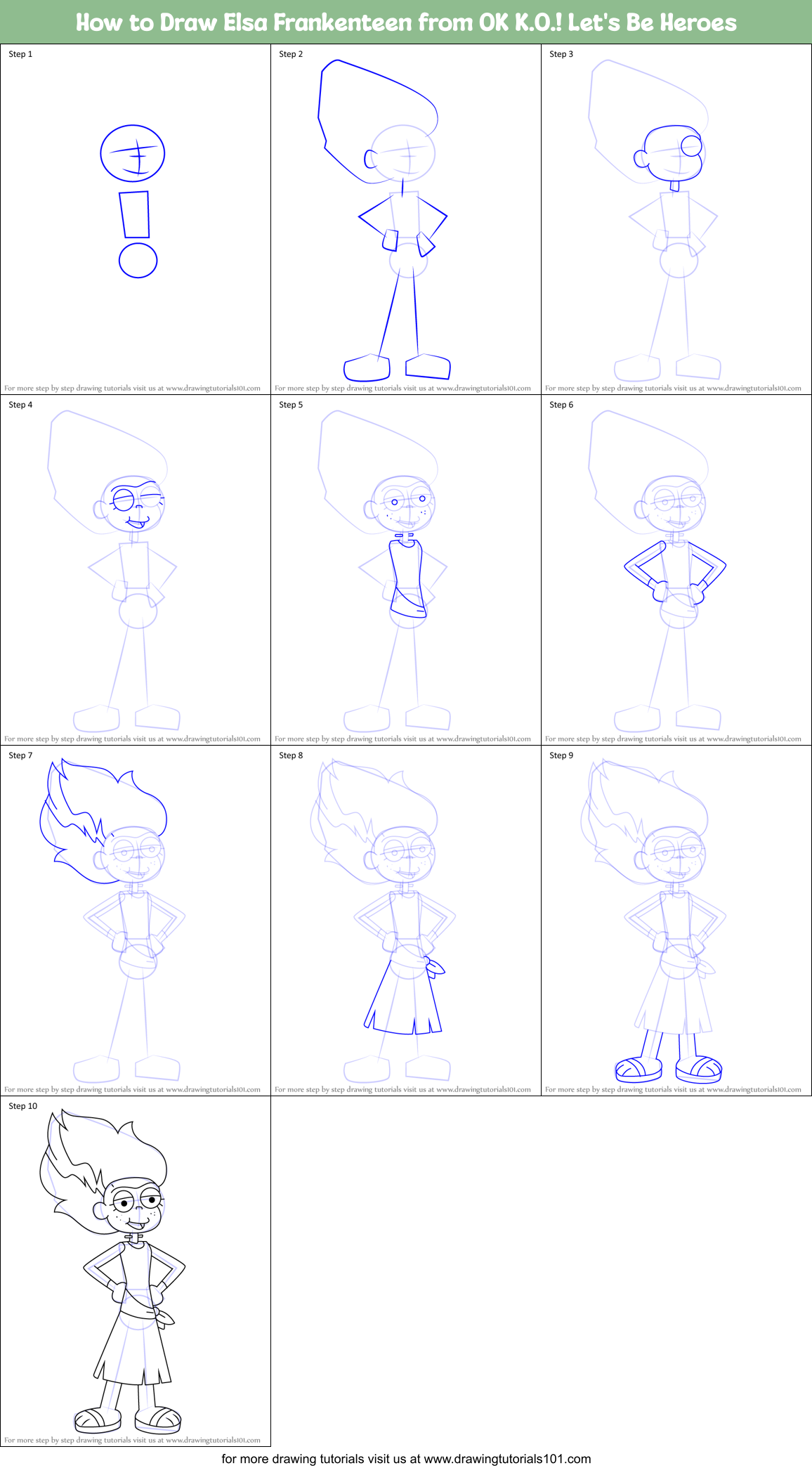 How to Draw Elsa Frankenteen from OK K.O.! Let's Be Heroes Printable Step by Step