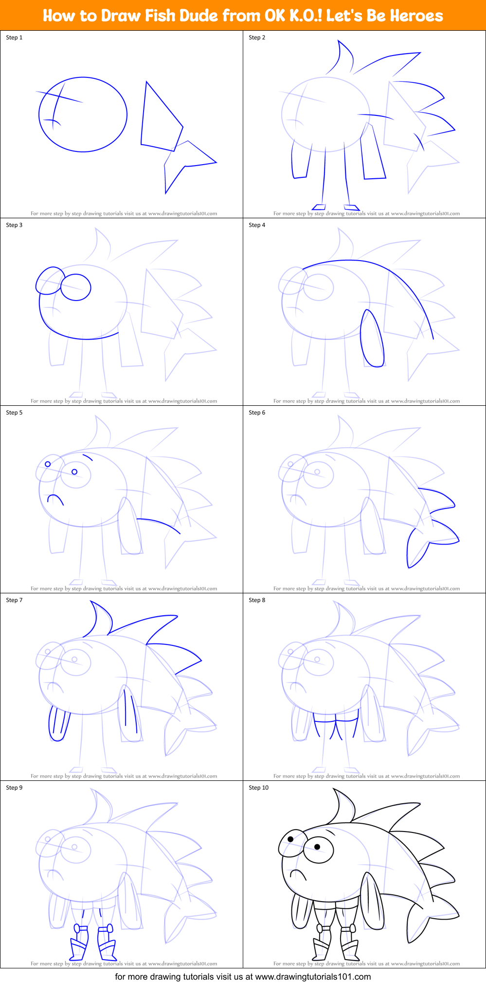 How to Draw Fish Dude from OK K.O.! Let's Be Heroes Printable Step by Step