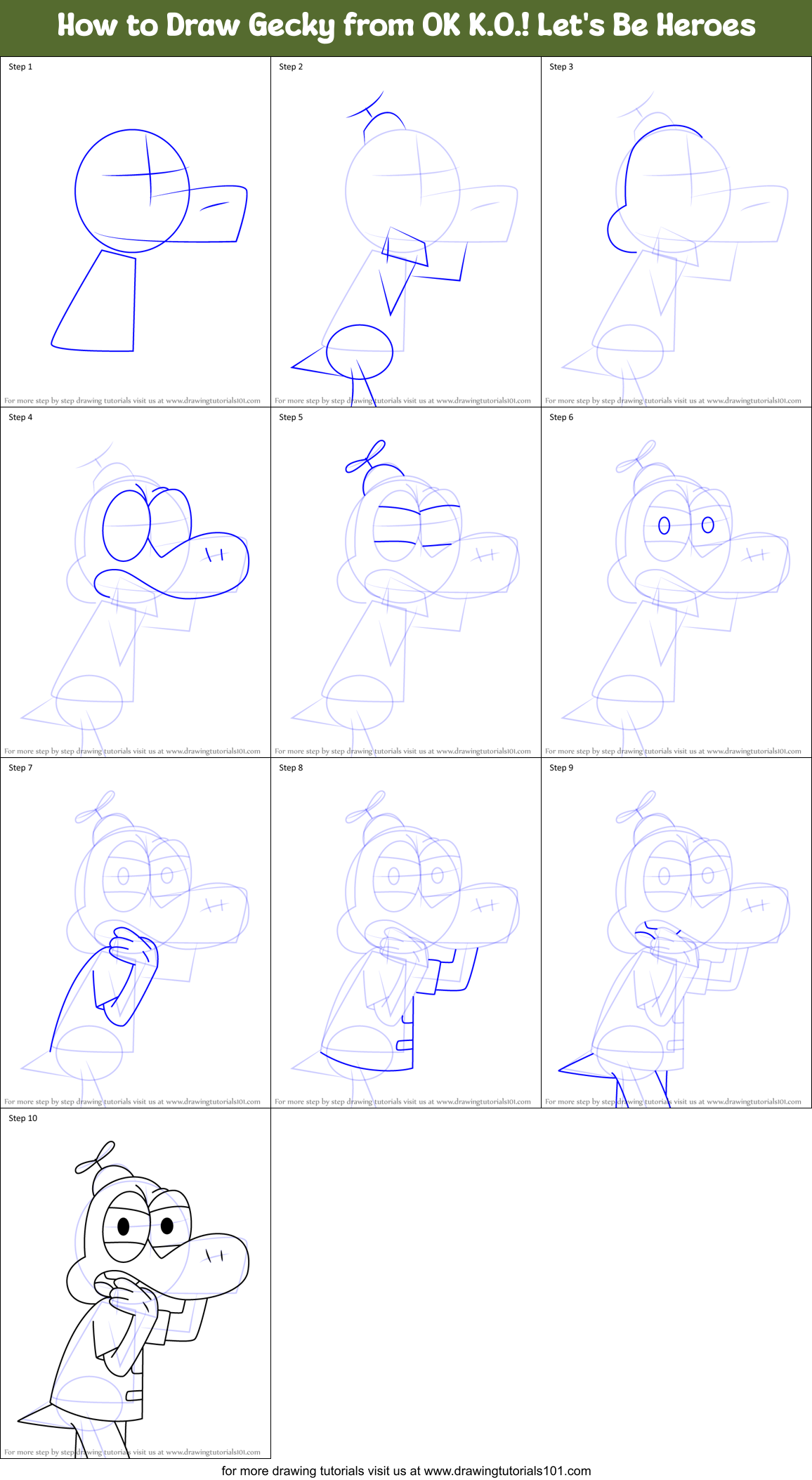 How to Draw Gecky from OK K.O.! Let's Be Heroes Printable Step by Step
