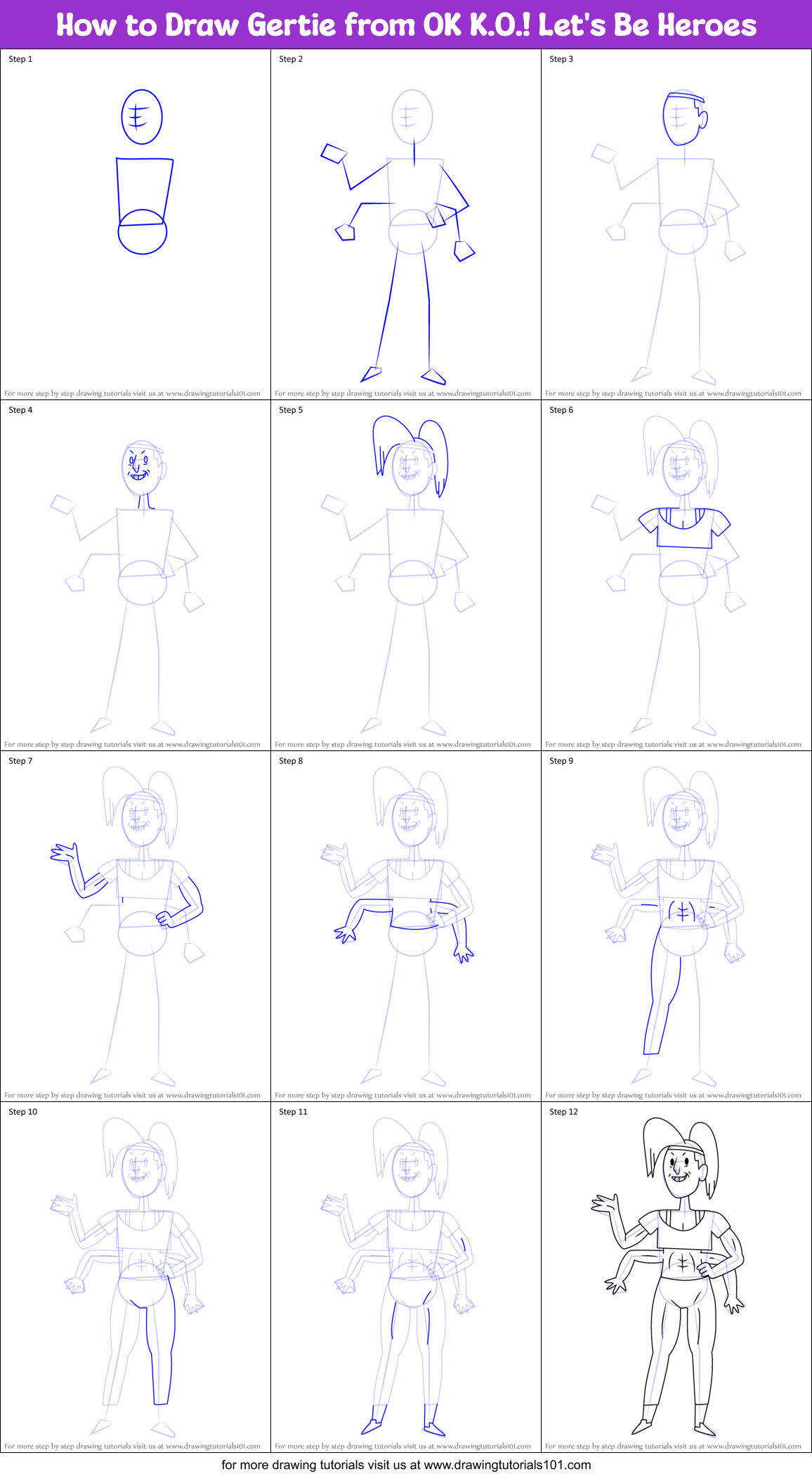 How to Draw Gertie from OK K.O.! Let's Be Heroes Printable Step by Step