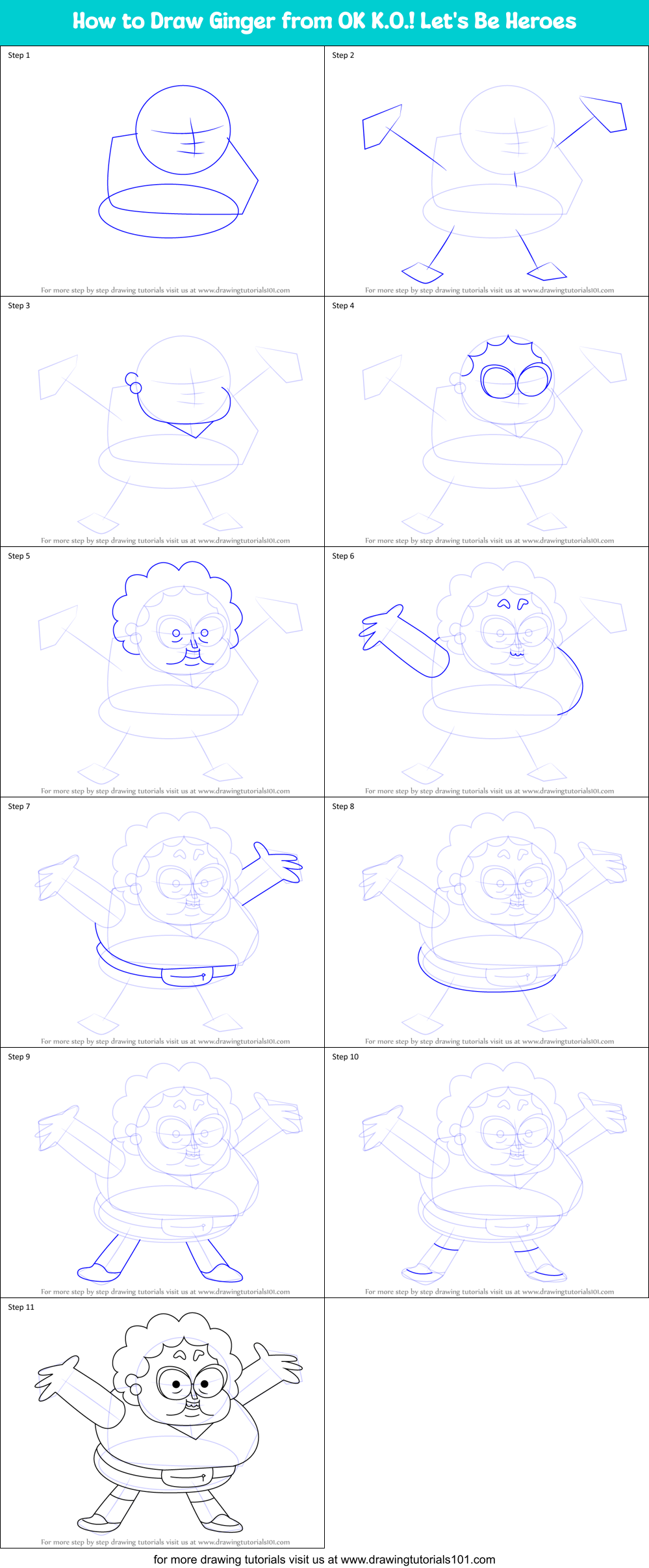 How to Draw Ginger from OK K.O.! Let's Be Heroes Printable Step by Step