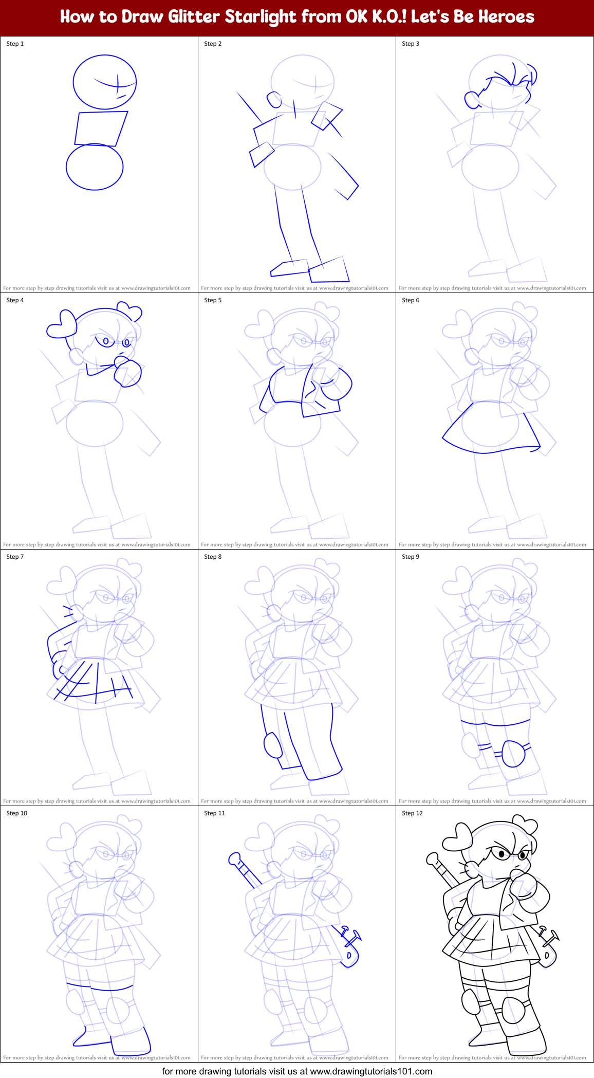 How to Draw Glitter Starlight from OK K.O.! Let's Be Heroes Printable Step by Step